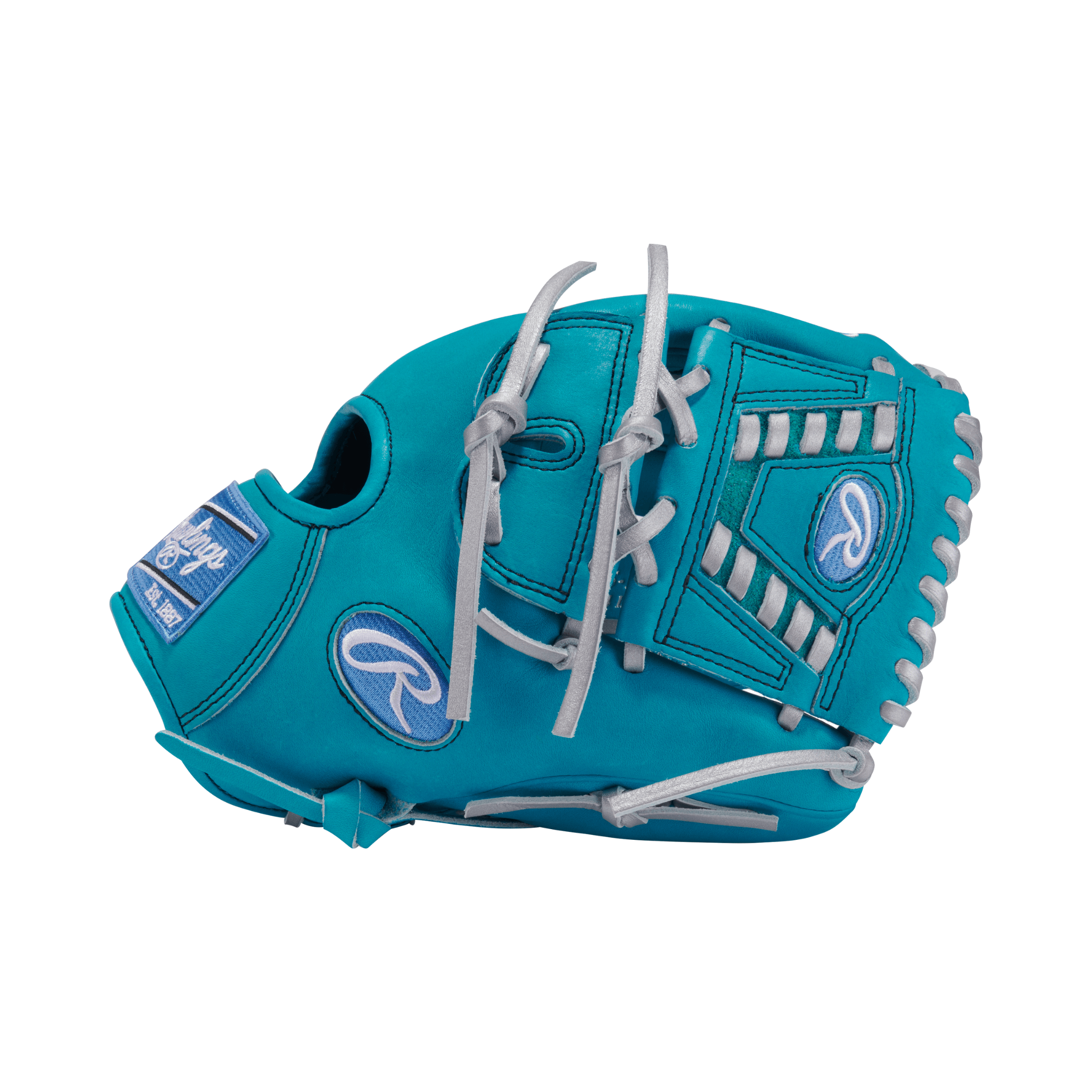 Rawlings Heart of the Hide 11.75" teal/silver LHT baseball glove with laced one-piece web for pitchers.