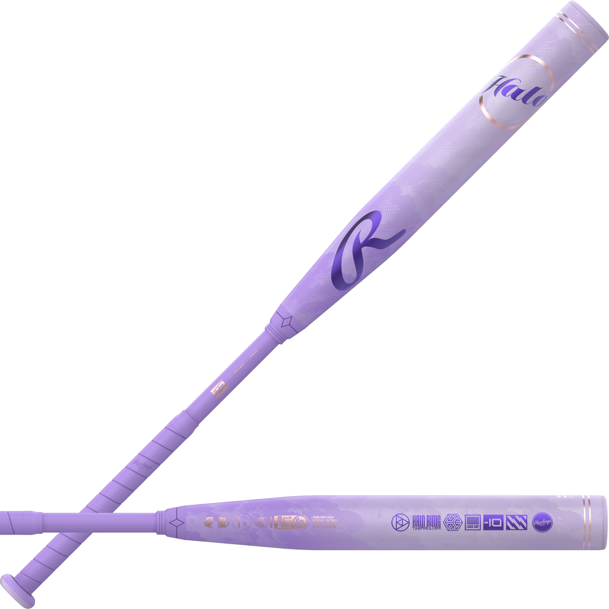 Rawlings Halo Fastpitch Softball Bat in purple design with two-piece gapped wall barrel for power hitters.