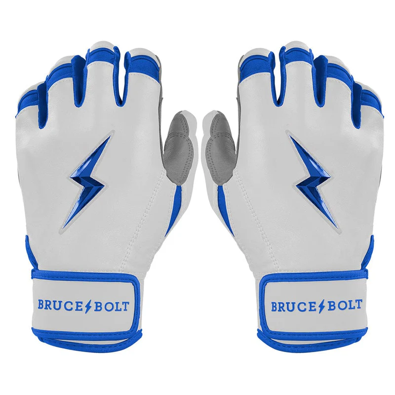 Bruce Bolt Youth Chrome Series Royal batting gloves front and back, premium Cabretta leather short cuff design.