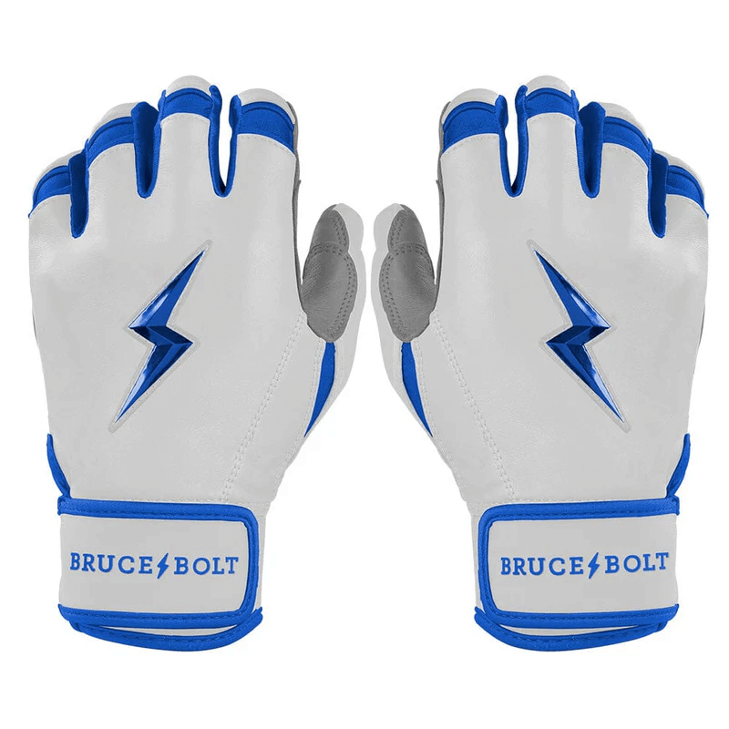 Bruce Bolt Youth Chrome Series Royal batting gloves front and back, premium Cabretta leather short cuff design.