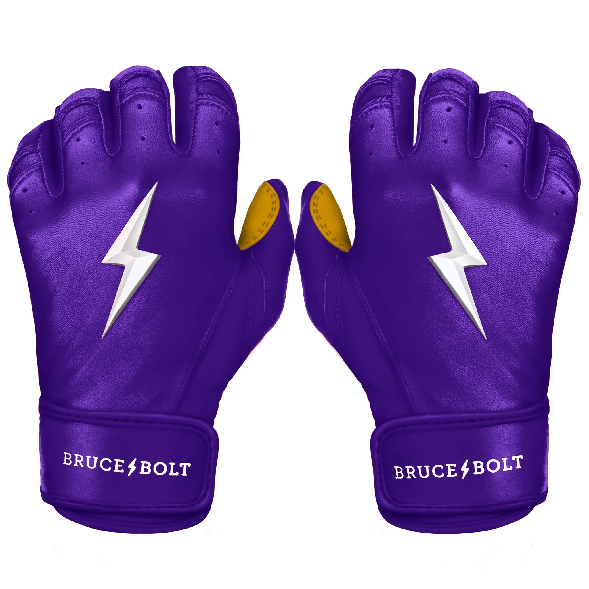 Bruce Bolt Premium Pro Short Cuff Batting Gloves Purple backhand view with white lightning logo