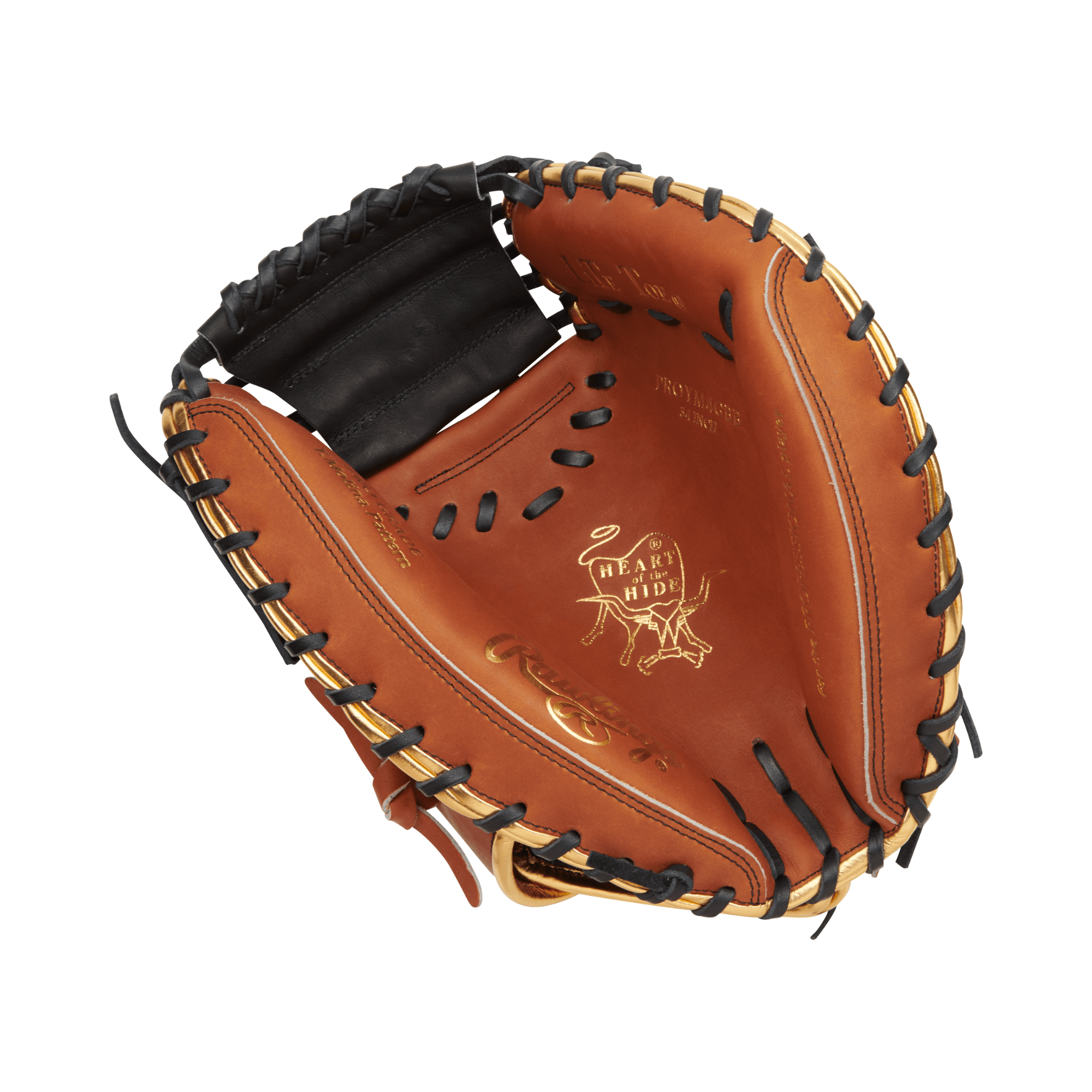 Inside view of Rawlings Heart of the Hide Color Sync 8.0 catcher's mitt, showcasing black and brown leather with gold binding.