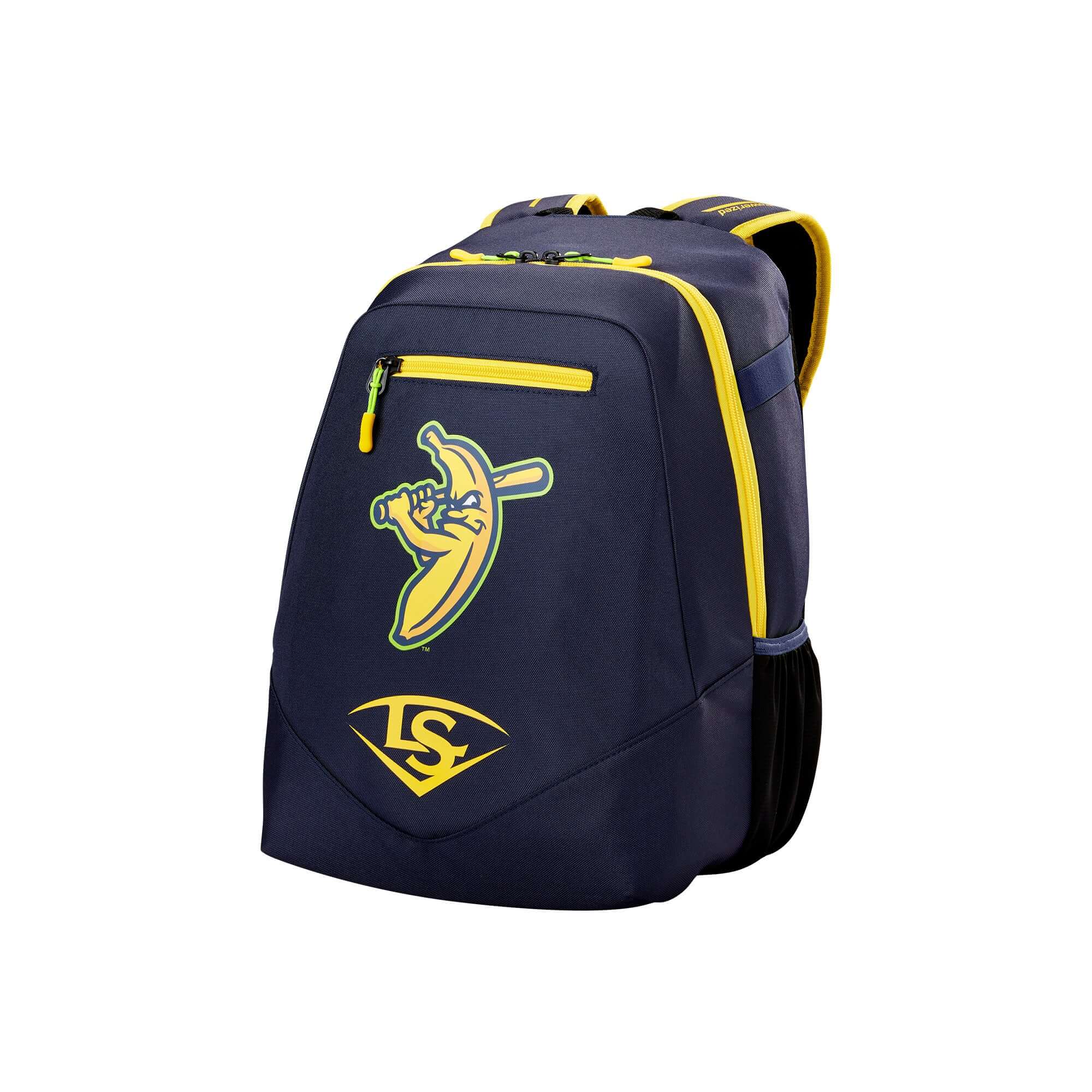 Side view Louisville Slugger Bananas Powerized Stick Pack showing mesh bat and water bottle sleeves in navy yellow design