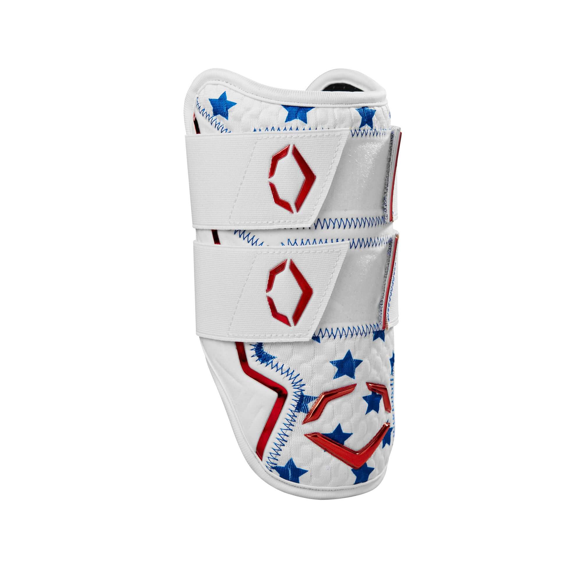 Evoshield X-SRZ Patriot Double Strap Elbow Guard in white, royal blue, and scarlet with gel-to-shell technology.