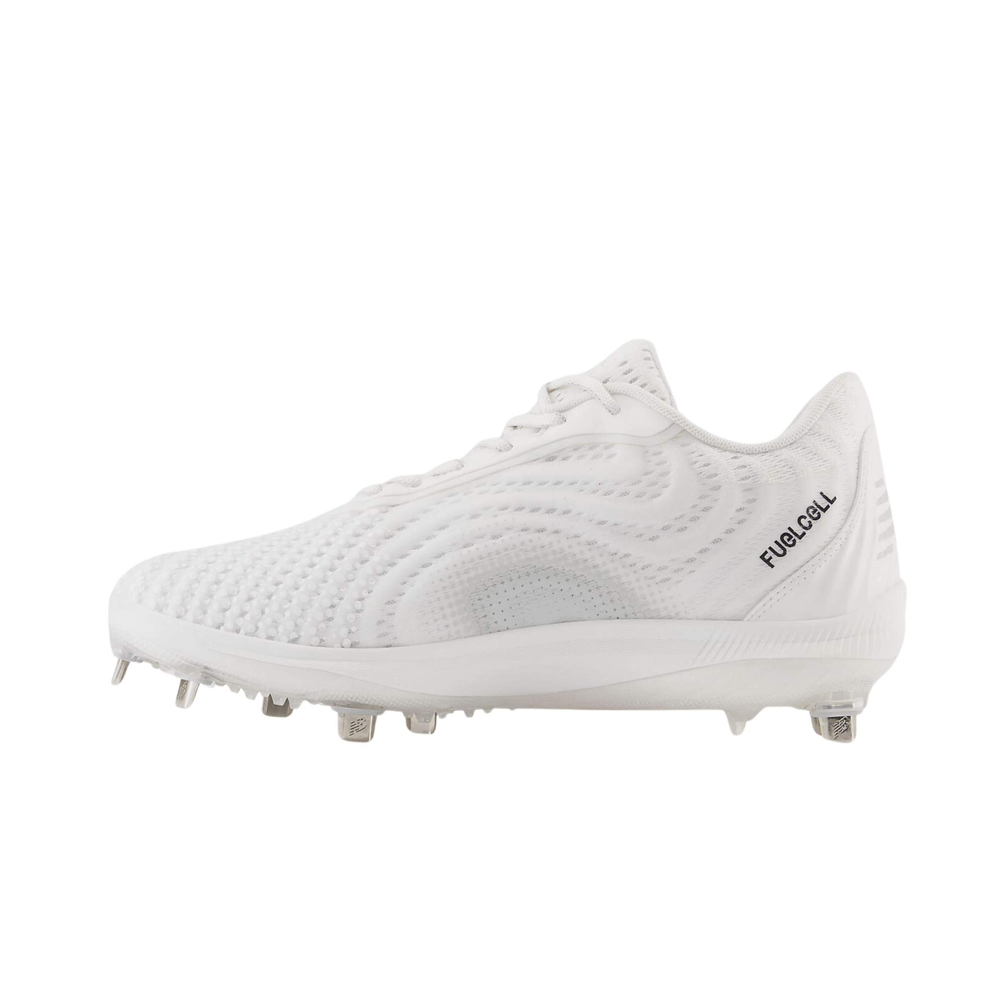 New Balance FuelCell 4040 v7 metal cleats in optic white with a sleek design and durable outsole for superior traction.