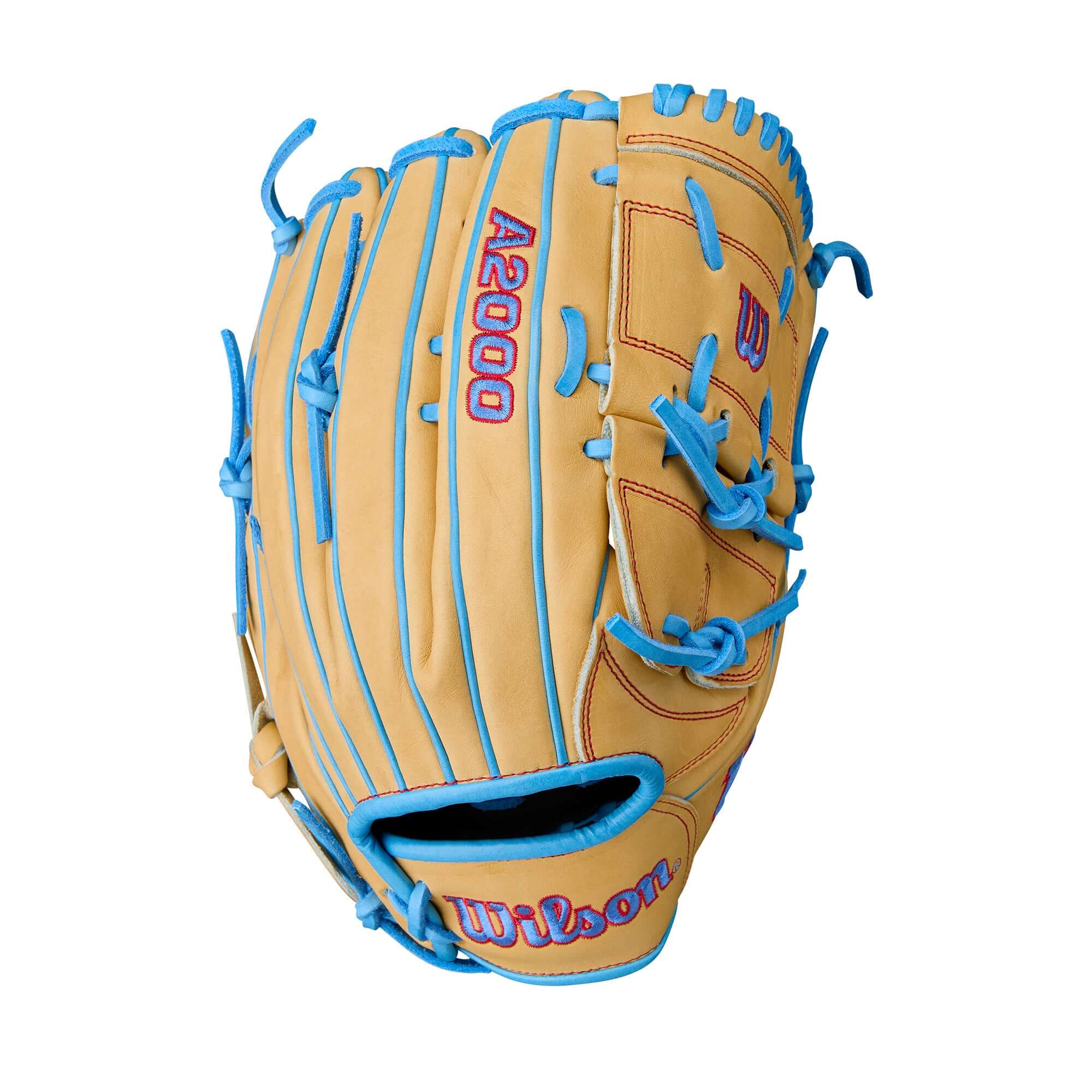 Back view of the Wilson A2000 B125 showcasing Blonde Pro Stock® leather with striking Sky Blue and Red detailed logos.