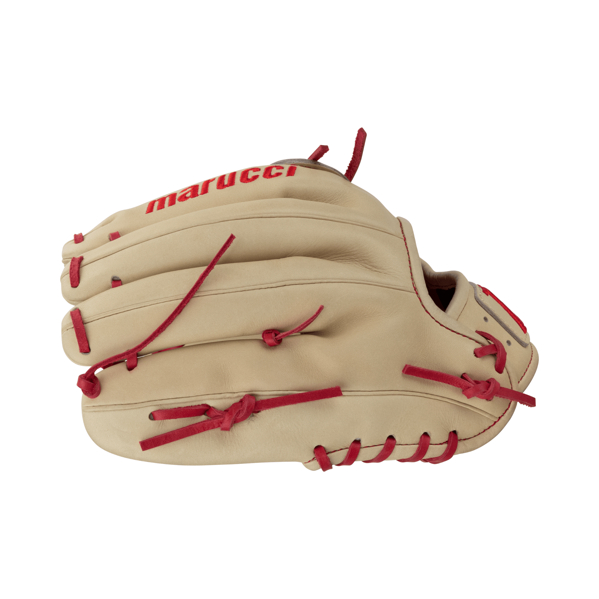 Marucci Capitol M Type 14K2 11.75" two-piece baseball glove in premium Japanese-tanned Kip leather with red accents.