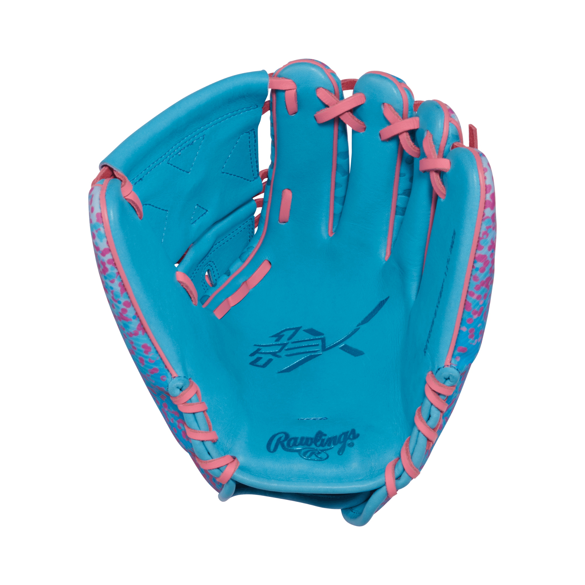 Rawlings REV1X Series infield baseball glove in blue and pink, 11.75", designed for optimal performance and style.