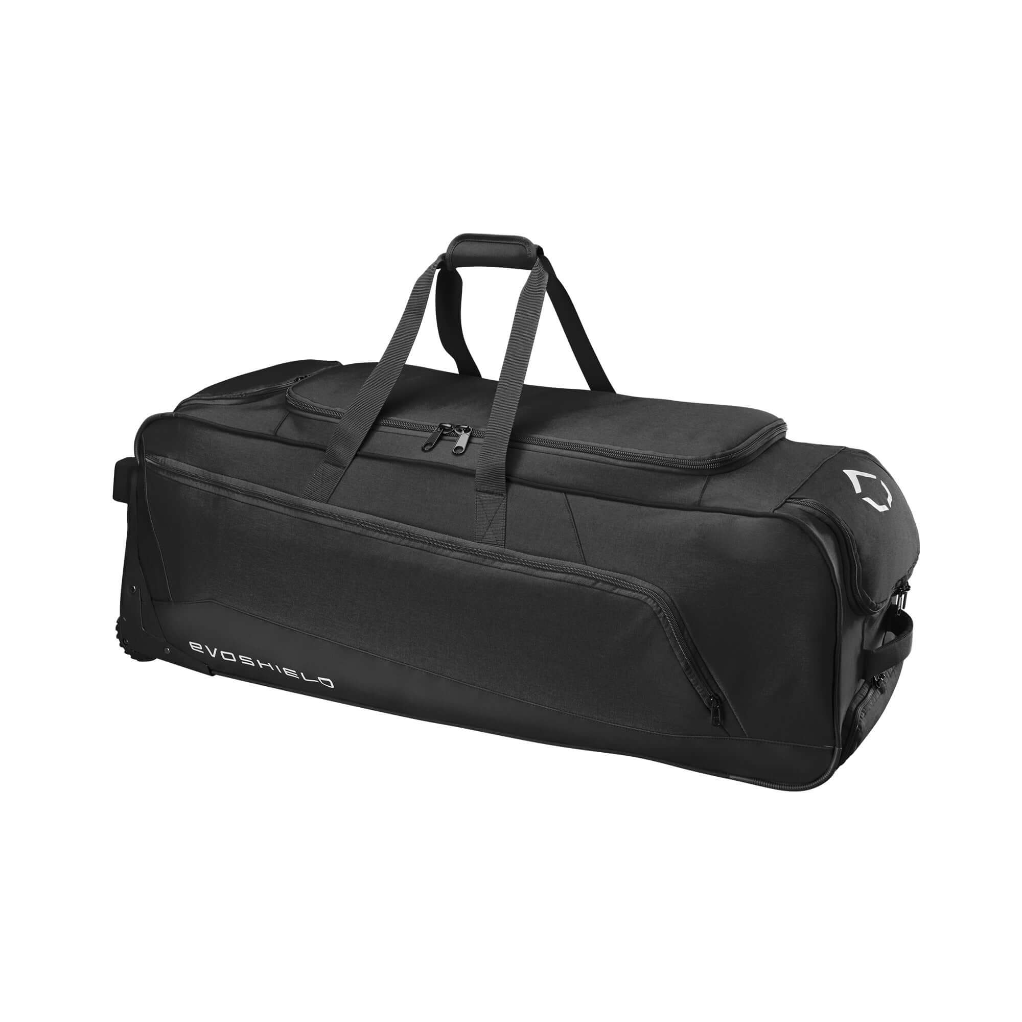 Side view of black Evoshield Stonewall 2.0 Wheeled Bag with handle and zippered compartments.