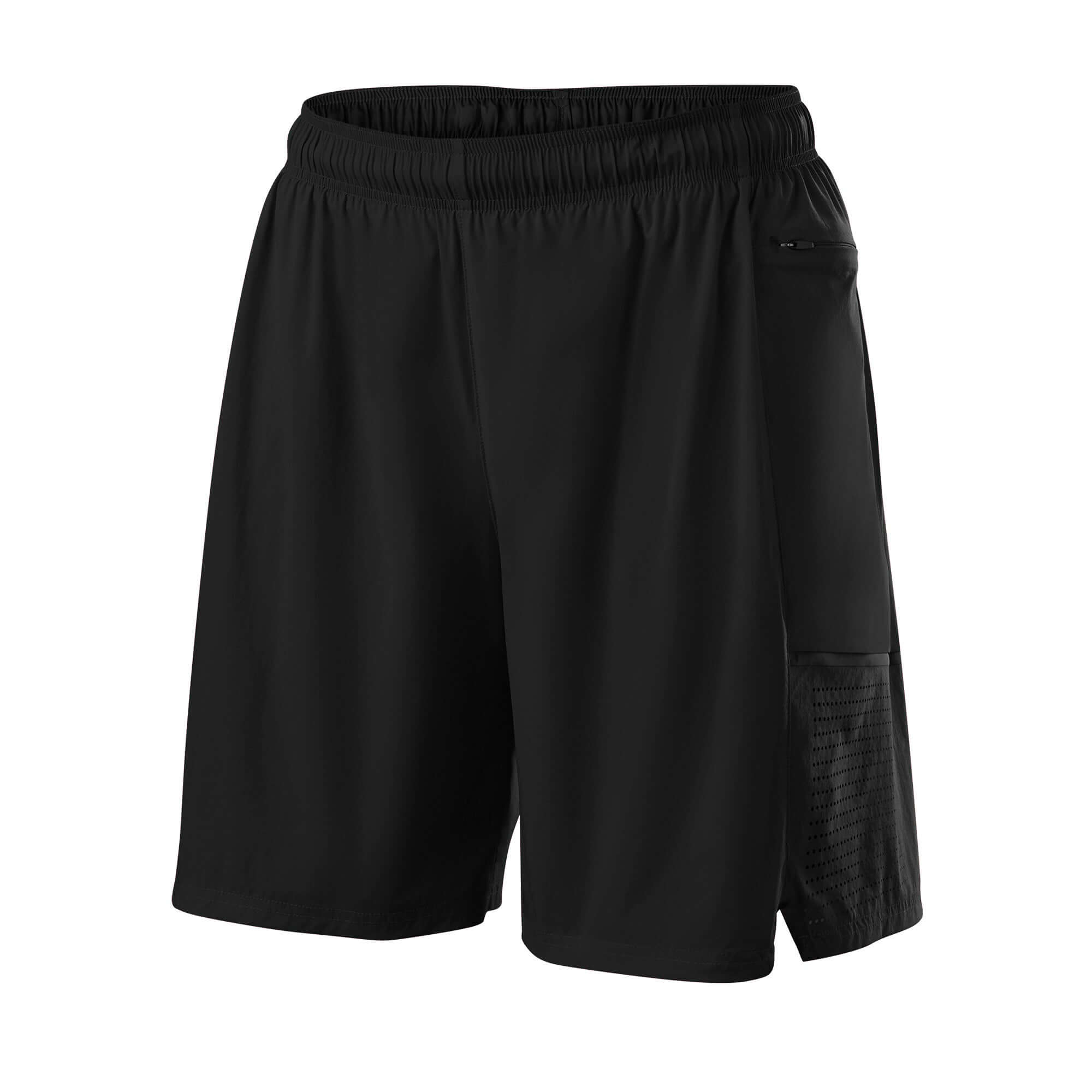Front view of black Evoshield Men's Game Changing 2-in-1 Short with zipper pocket on right leg.