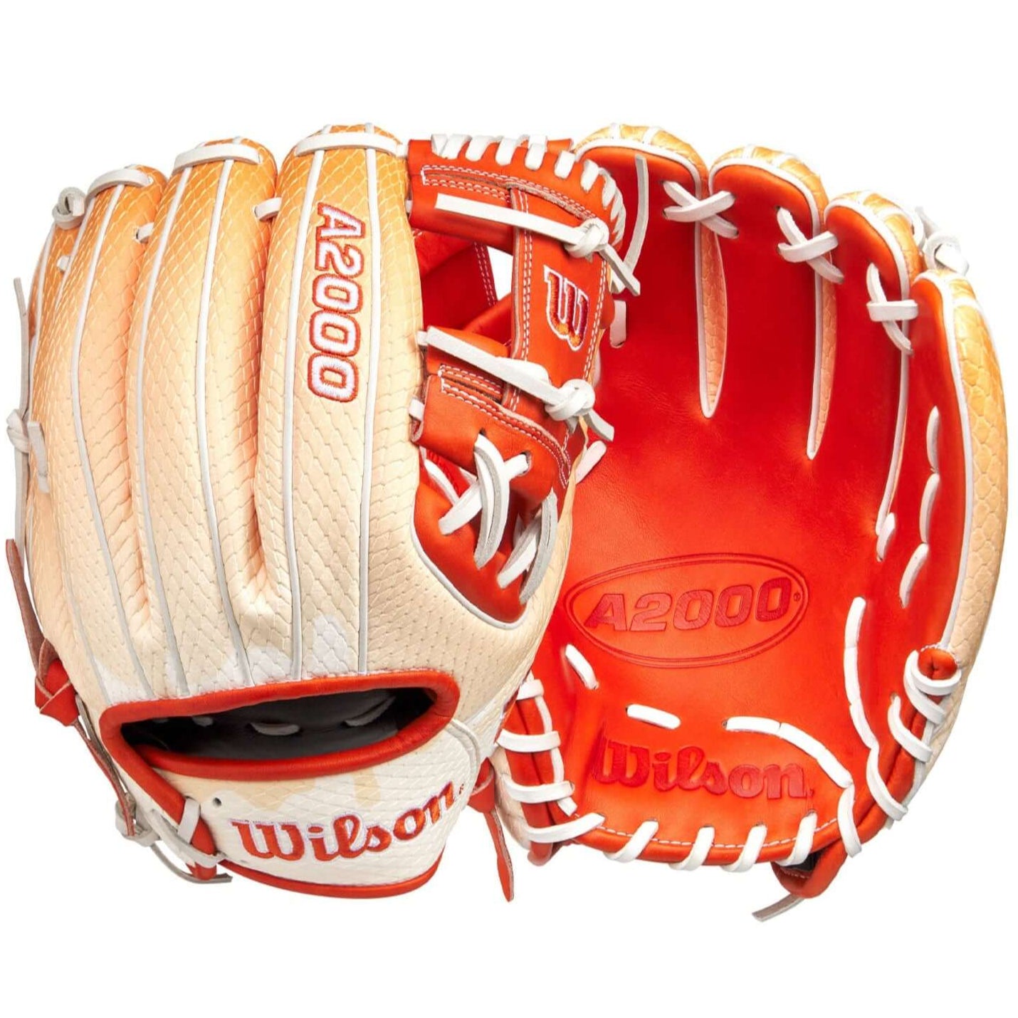 Wilson A2000 1975SS 11.75" infield baseball glove in citrus colors, showcasing the palm and back of the glove.