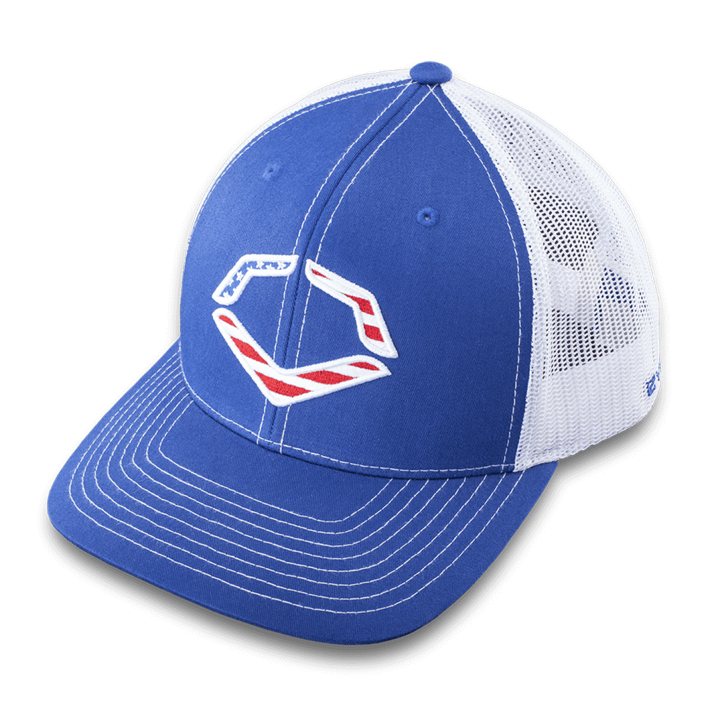 Evoshield USA Trucker Snapback in blue with American flag logo, mesh back, and snapback closure, side angle view.