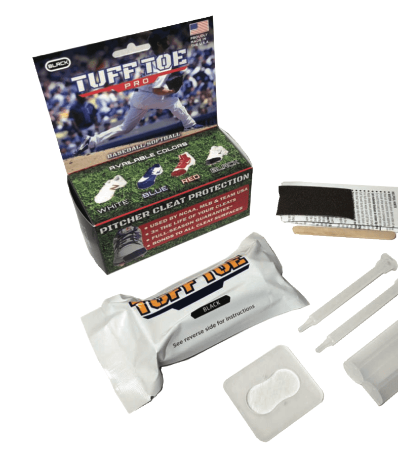 Tuff Toe Pro Shoe Protection kit including cleaner, applicators, and box for baseball cleat durability.