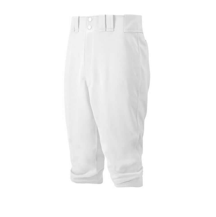 Mizuno Premier Short Pant in white, featuring a durable fabric, elastic bottom, and button closure pockets.