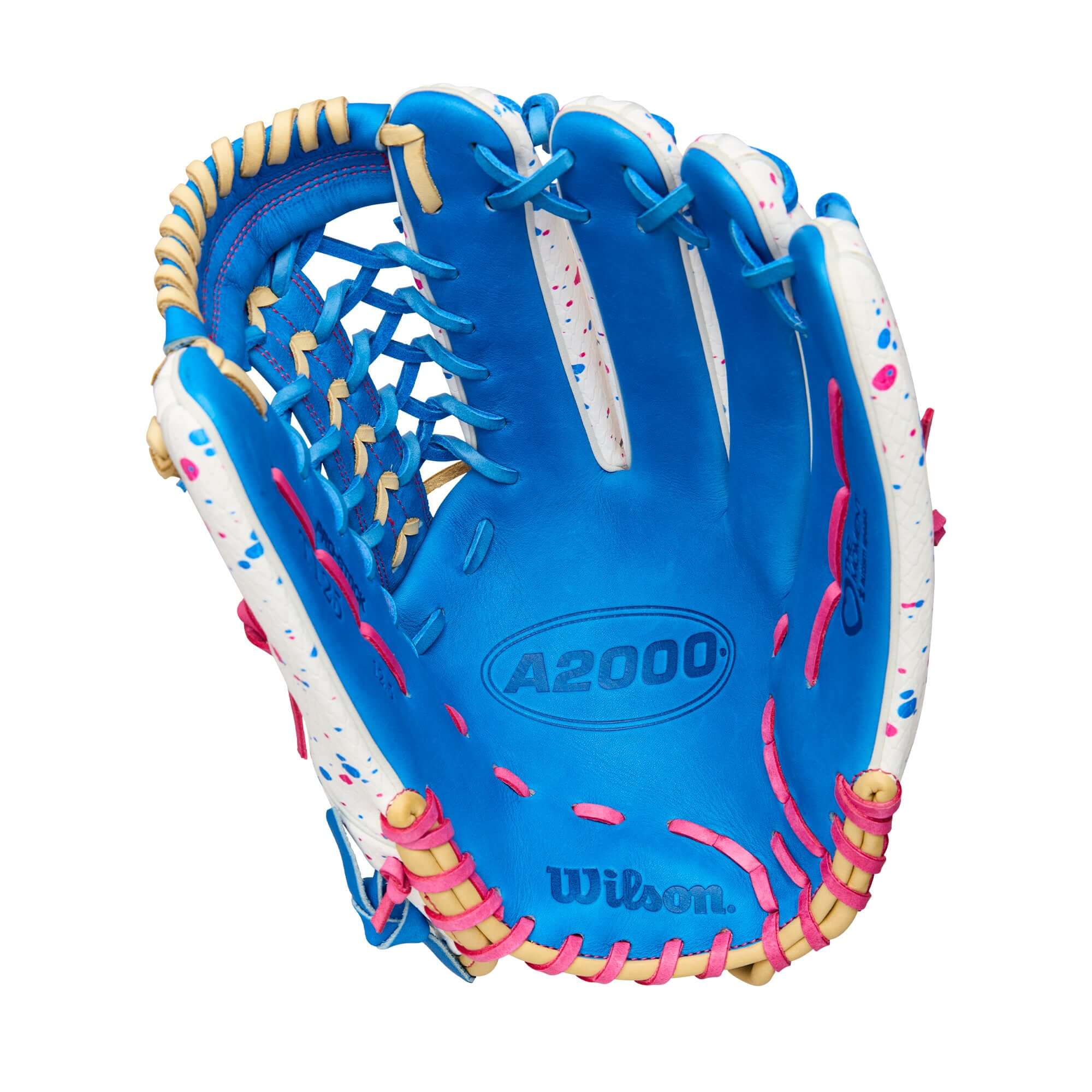 Wilson 2025 Love the Moment A2000 T125SS blue outfield softball glove with colorful laces and deep pocket design.