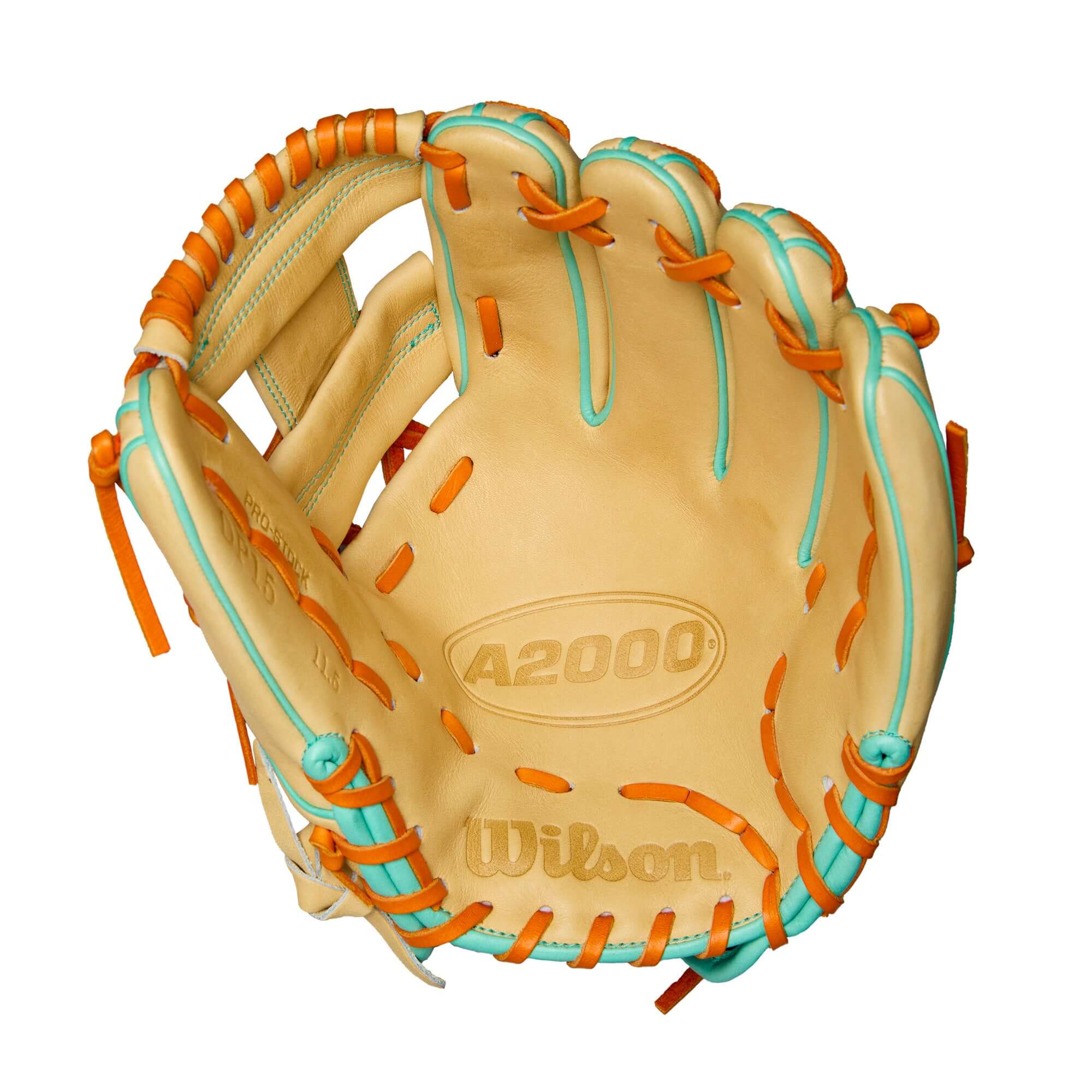 Palm view of the 11.5'' Wilson glove emphasizing Pedroia Fit Technology for smaller hands, ideal for infielders.