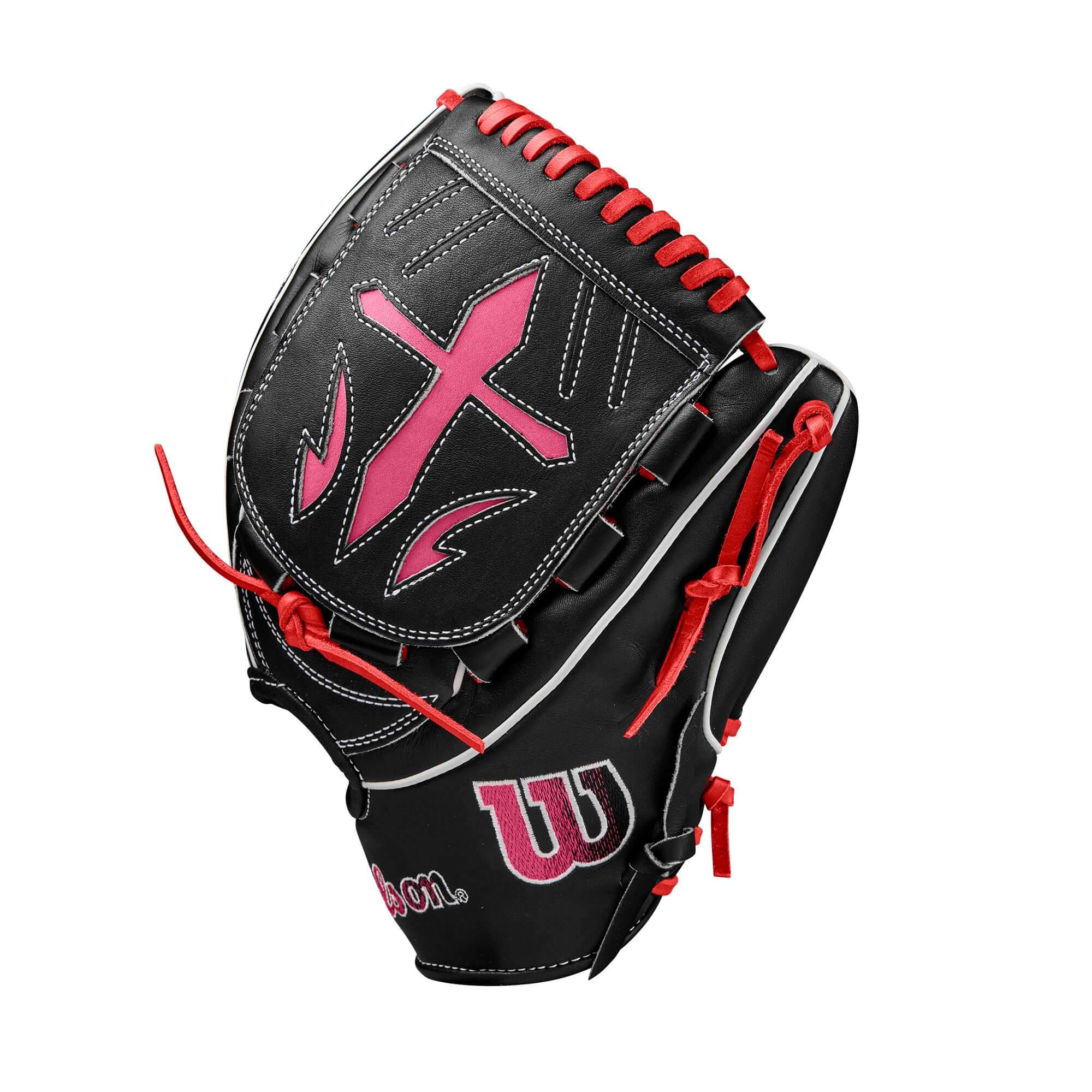 Wilson Fall 2024 A2K B23 Pitcher's Baseball Glove in Black with Pink Accents, featuring modified wrist strap and wide pinky stall.