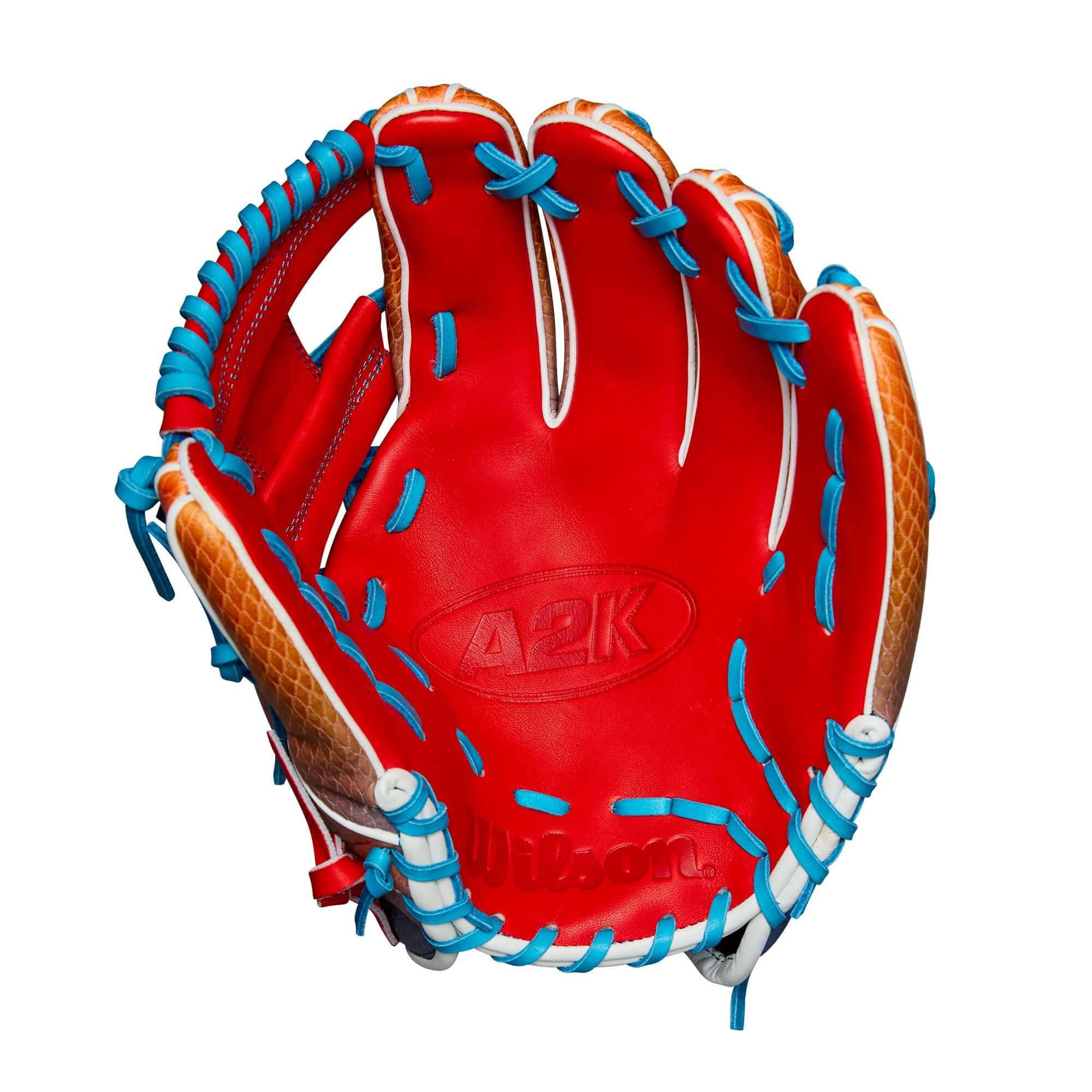 Wilson A2K 1786SS baseball glove in red and blue gradient, 11.5" size, designed for fast infield play.
