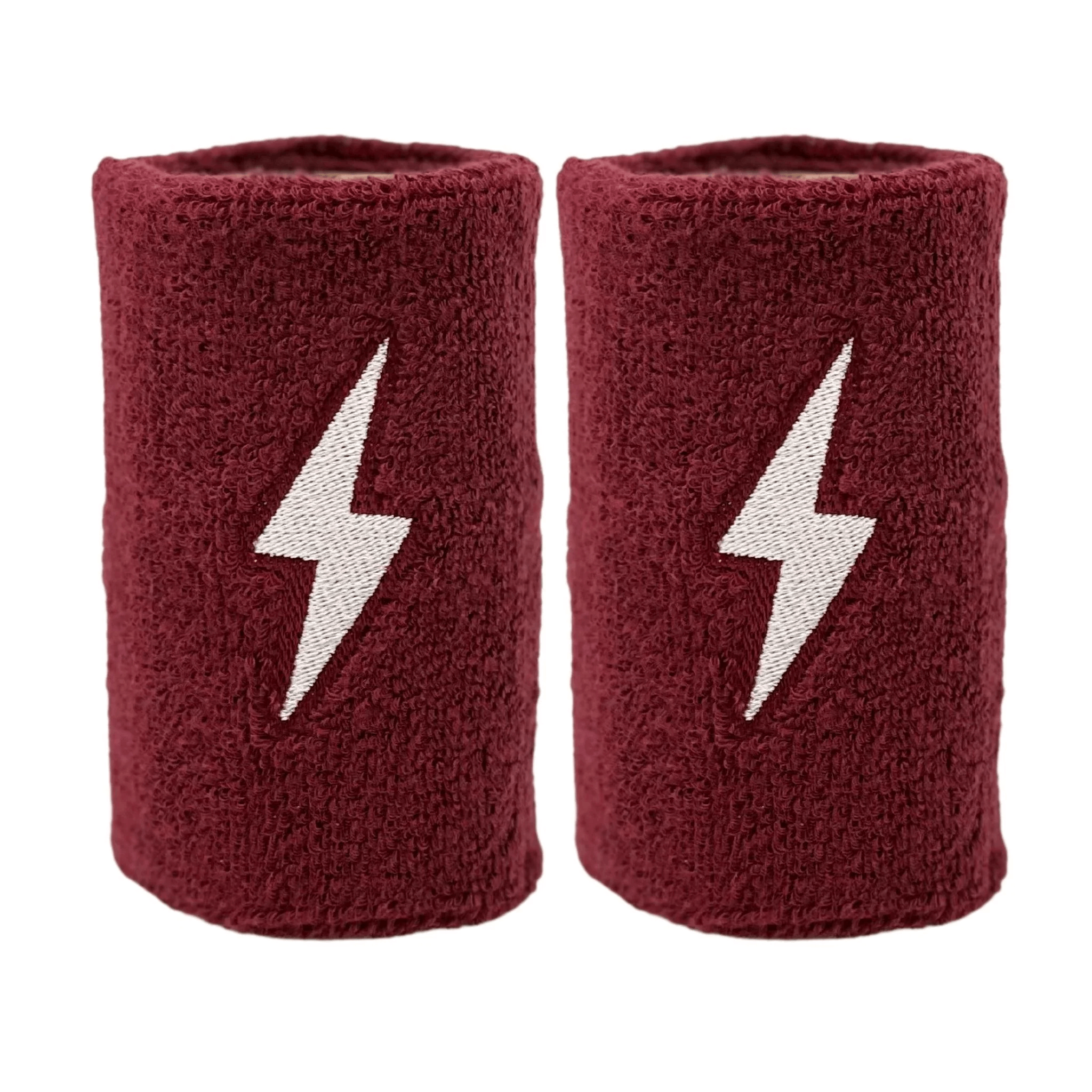 Bruce Bolt Premium Pro Wrist Bands in burgundy with white lightning bolt design, made from soft terry cloth for sweat absorption.