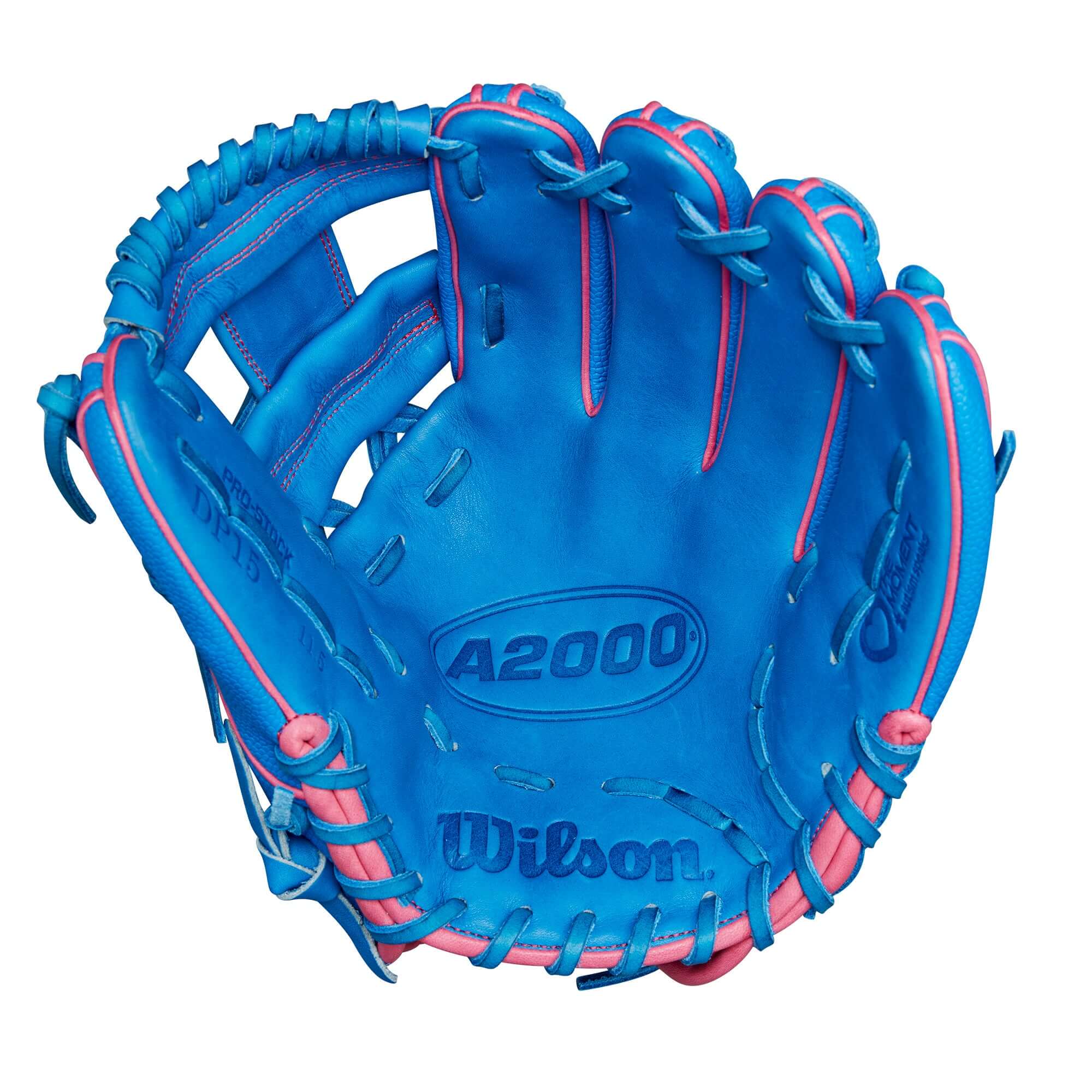 Wilson 2024 A2000 DP15SS infield glove, 11.5”, blue with pink accents, designed for players with smaller hands.