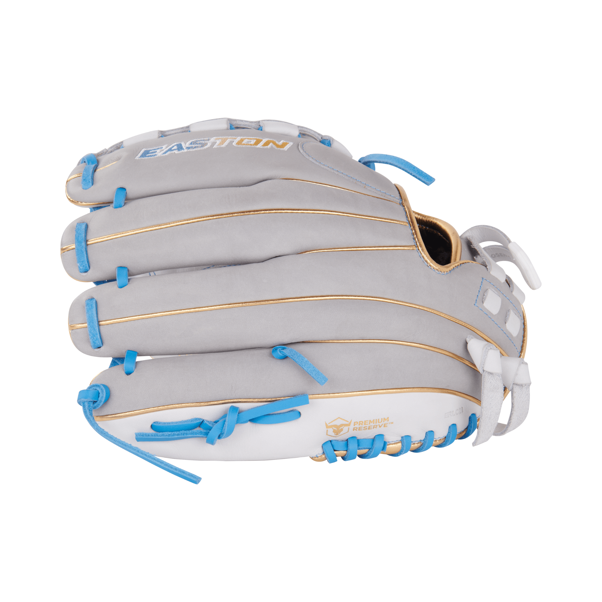 Easton Pro Collections 12" Fastpitch Softball Glove in white and gray with blue accents for performance and comfort.