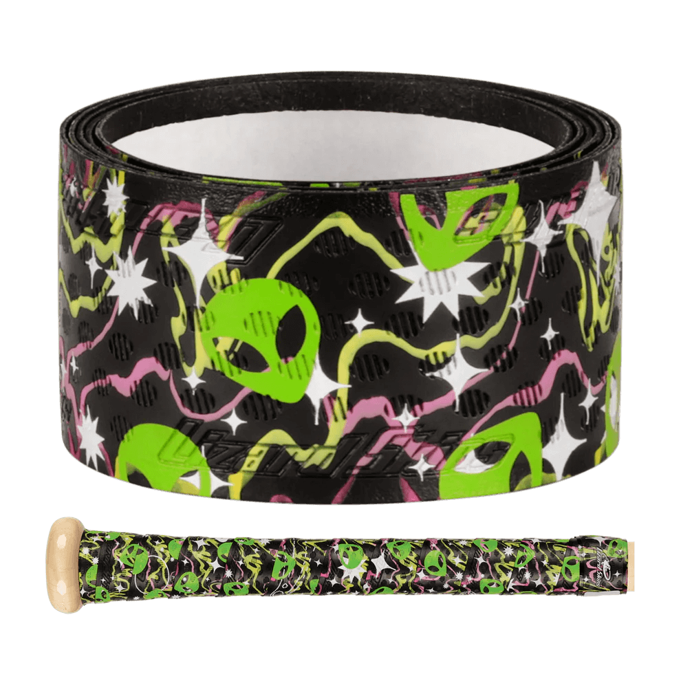 Lizard Skins DSP Ultra Bat Grip - 1.1 mm black with green alien pattern, rolled view with detailed grip texture.