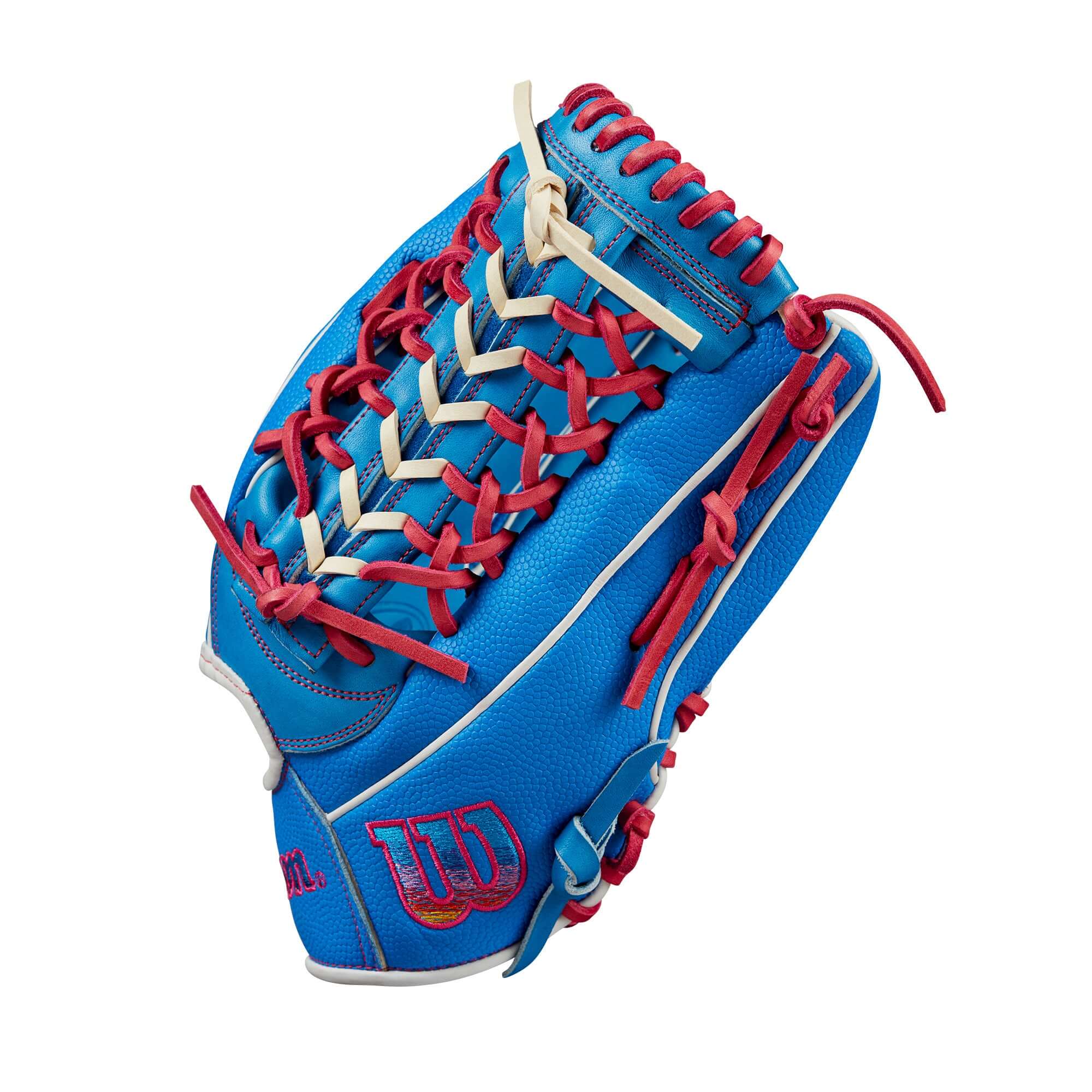 Wilson 2024 Autism Speaks A2000 PF92SS 12.25” left-hand throw outfield baseball glove in blue and pink design.