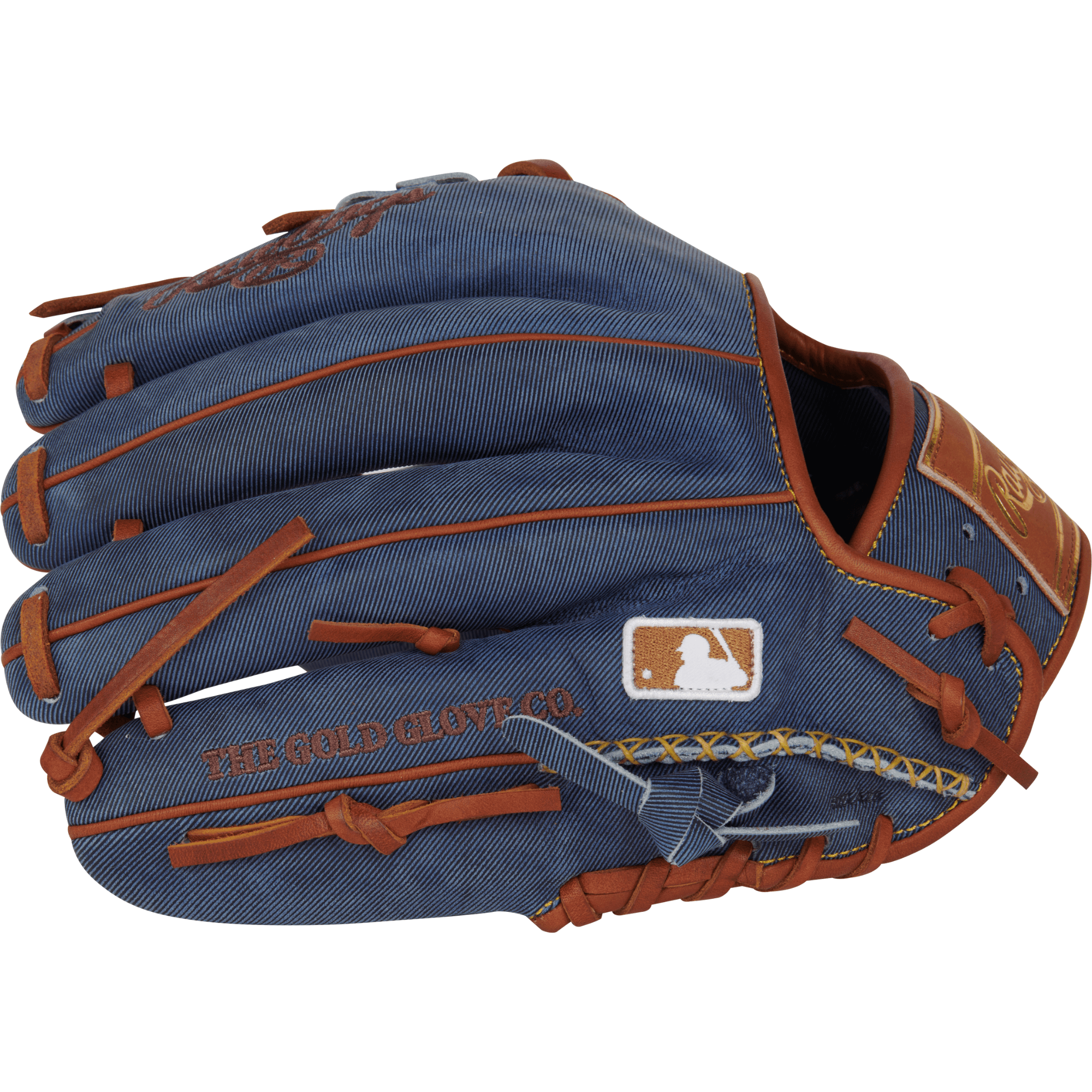 Rawlings Heart of the Hide Pro Label Denim Edition 11.5" infield glove showcasing denim finish and rich brown stitching.
