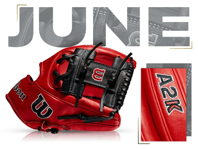 Wilson A2K 1786 custom baseball glove in vibrant red, June 2021 edition, showcasing quality craftsmanship and design.
