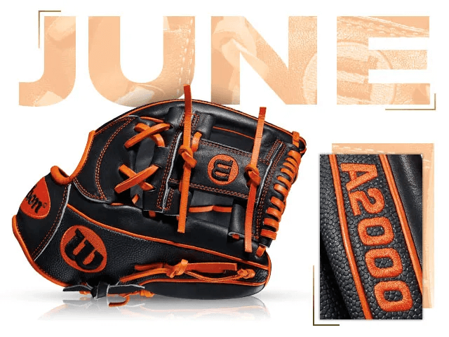 Wilson A2000 1787 glove in black and orange, featured as June 2017 Fan Designed model for ultimate performance.