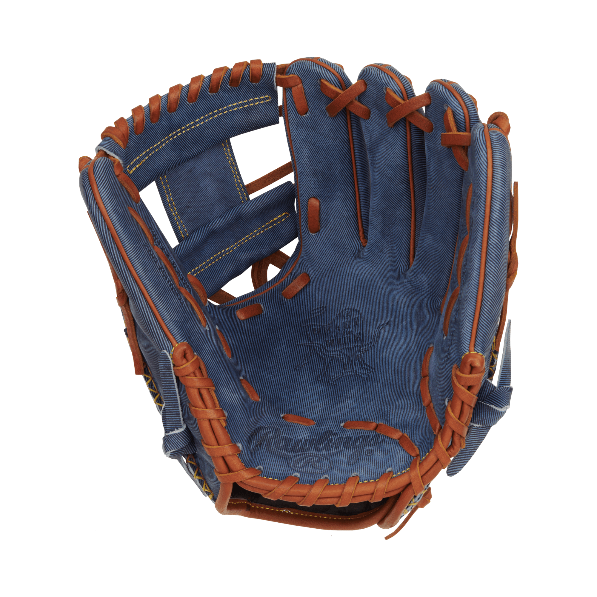 Rawlings Heart of the Hide Denim Edition Infield Glove 11.5" RHT, showcasing denim-like finish and brown stitching.