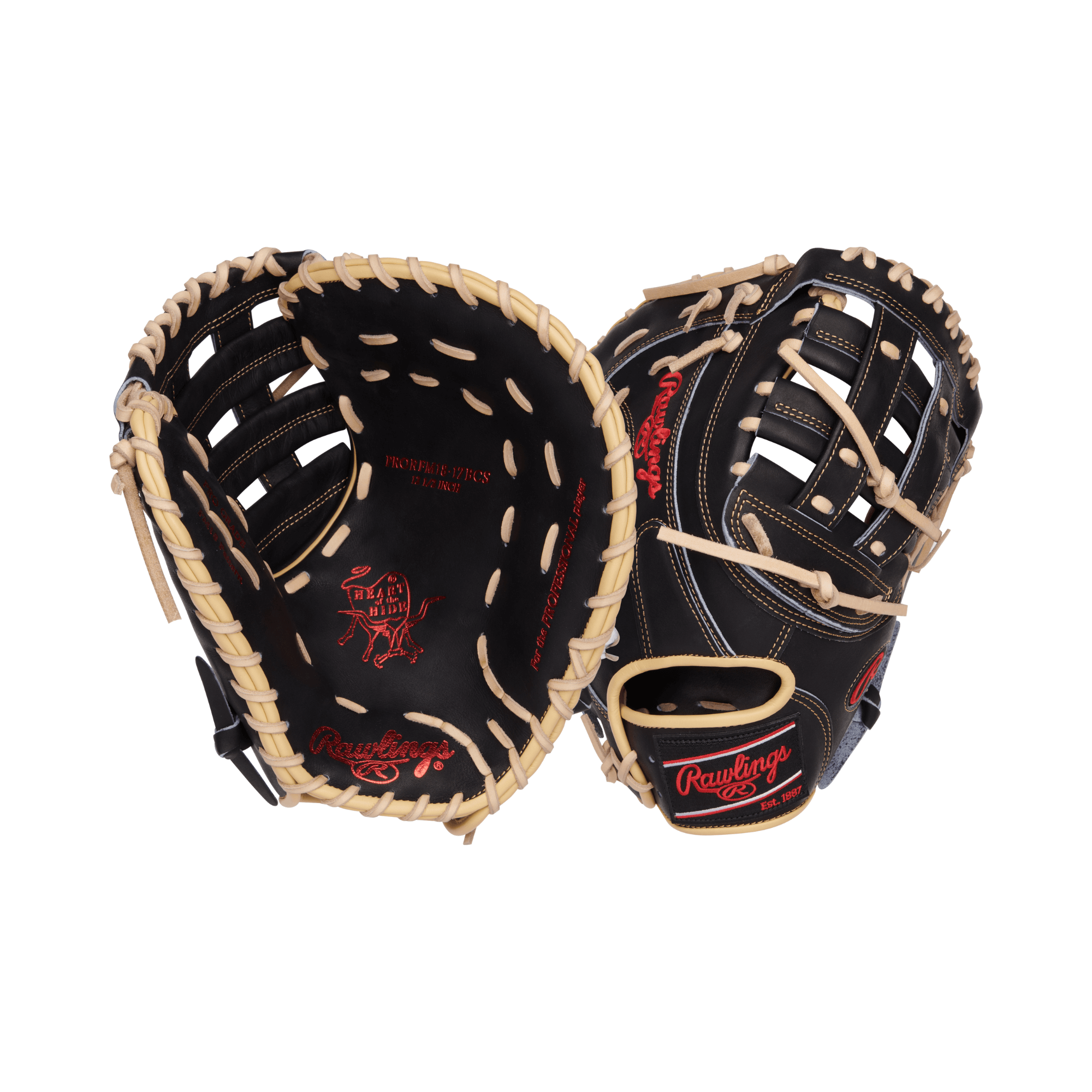 Rawlings Heart of the Hide Series 12.5" First Base Mitt in black with tan lacing, ideal for baseball players.