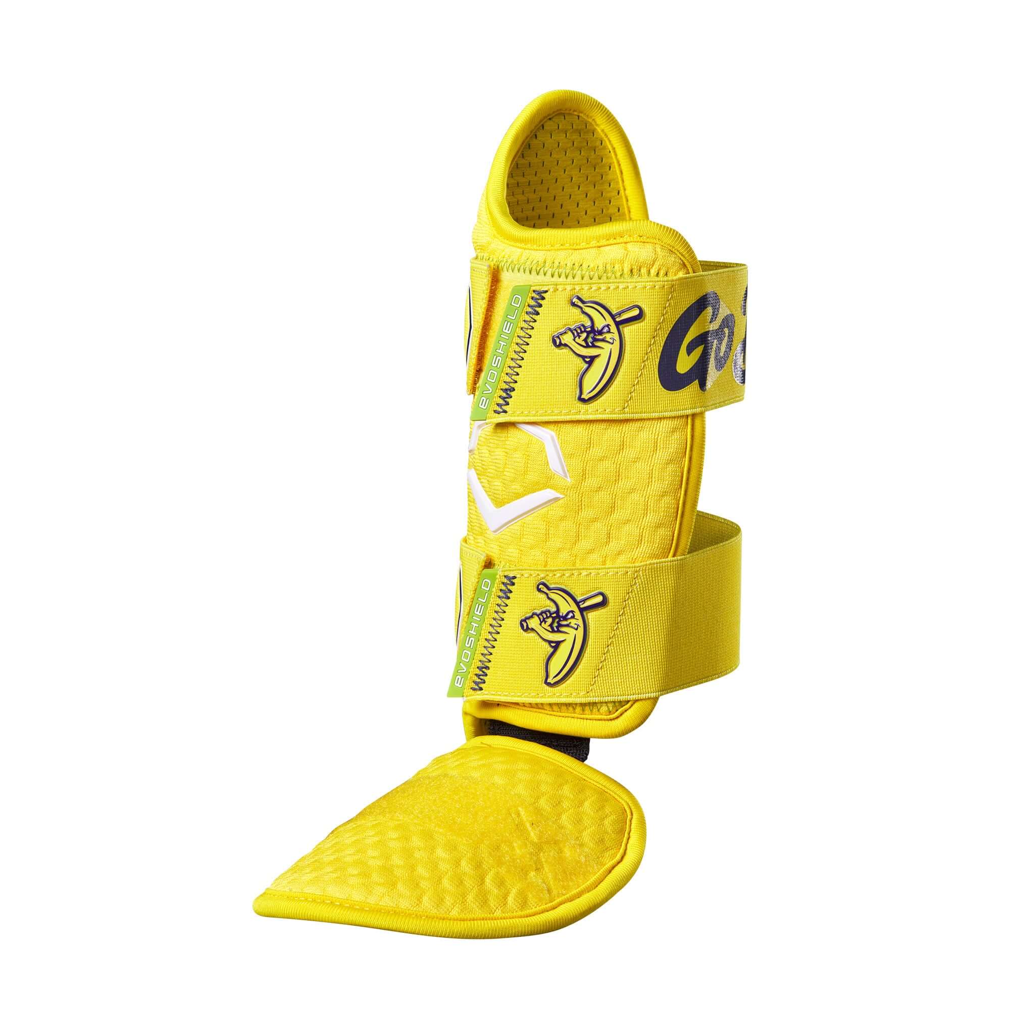 Evoshield X-SRZ Savannah Bananas 2.0 Batter's Leg Guard in vibrant yellow with gel-to-shell technology for maximum protection.