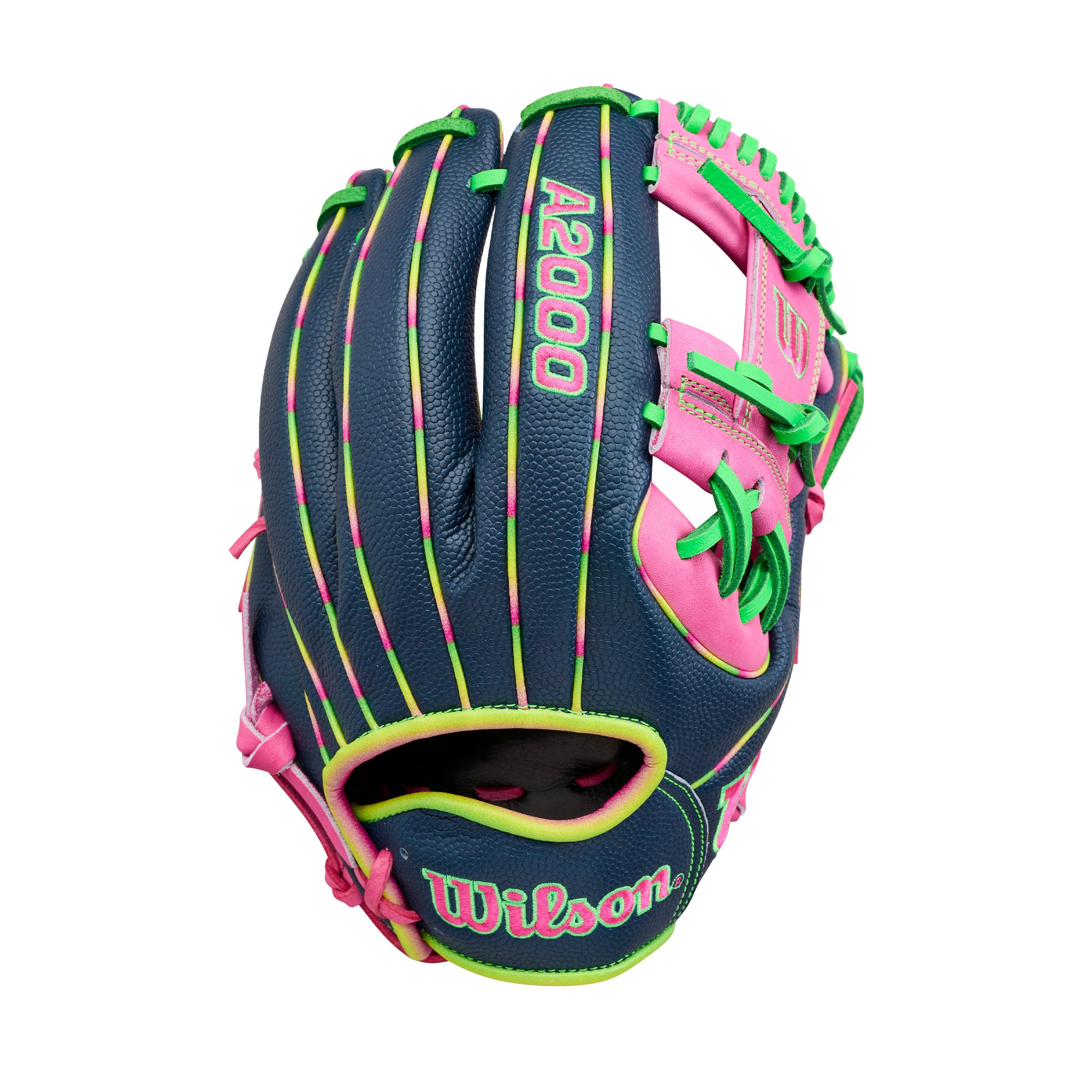 Wilson A2000 1724 Baseball Glove - June 2026 GOTM navy, pink, and neon green design for infield play.
