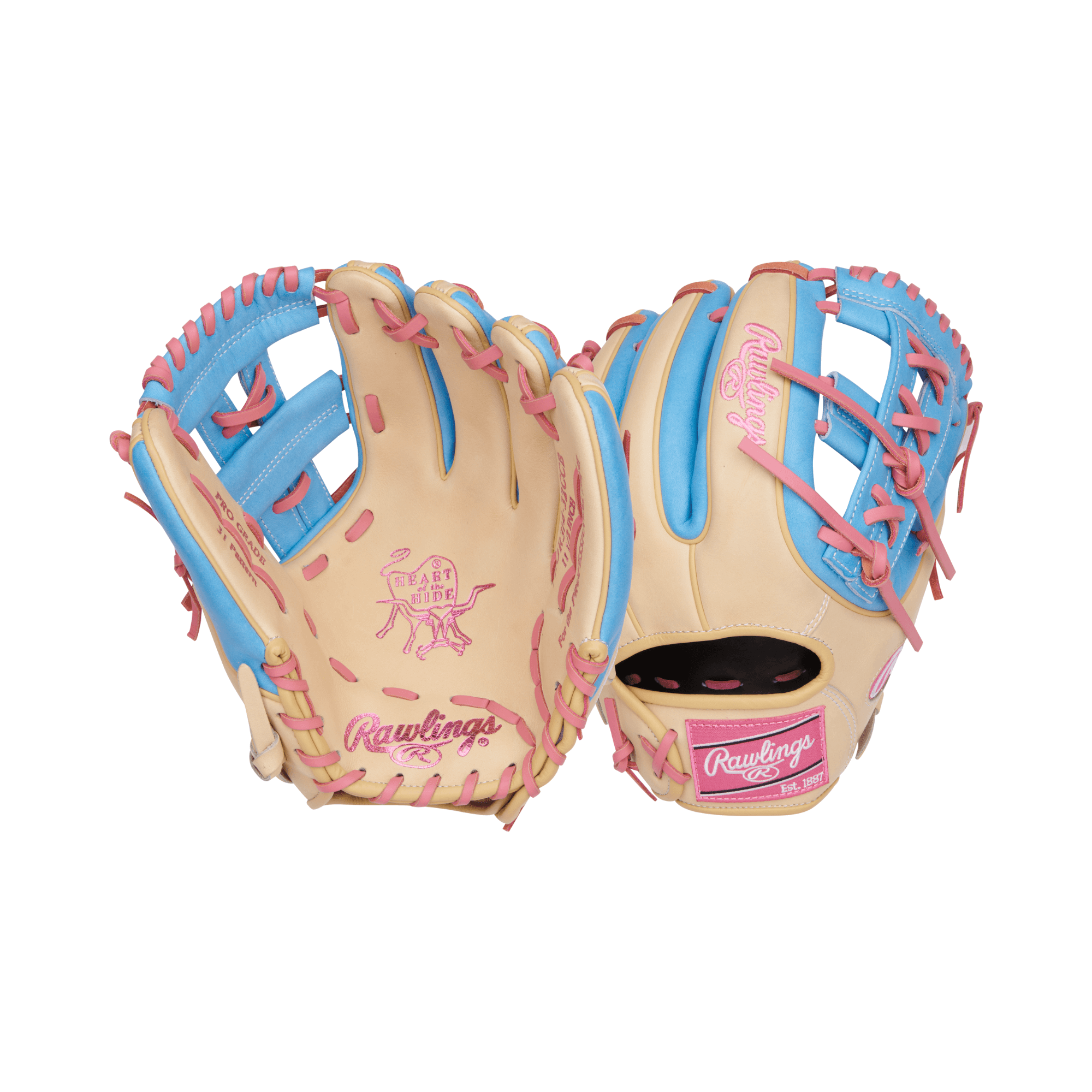 Rawlings Heart of the Hide 11.5" glove in camel and columbia blue with pink accents, designed for infield play.