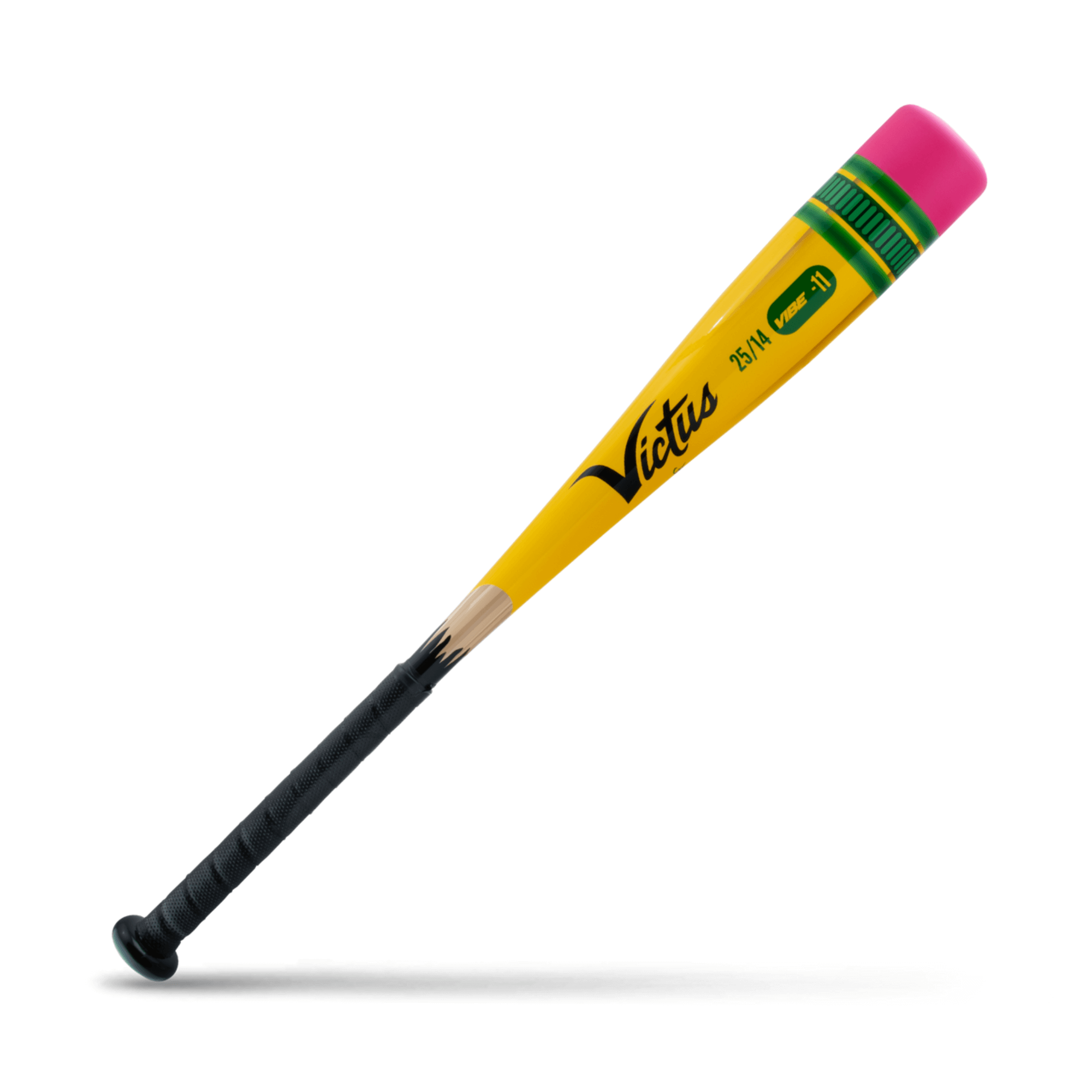 Victus Vibe Pencil USA Tee Ball bat in yellow and pink, showcasing its one-piece aluminum design and unique look.