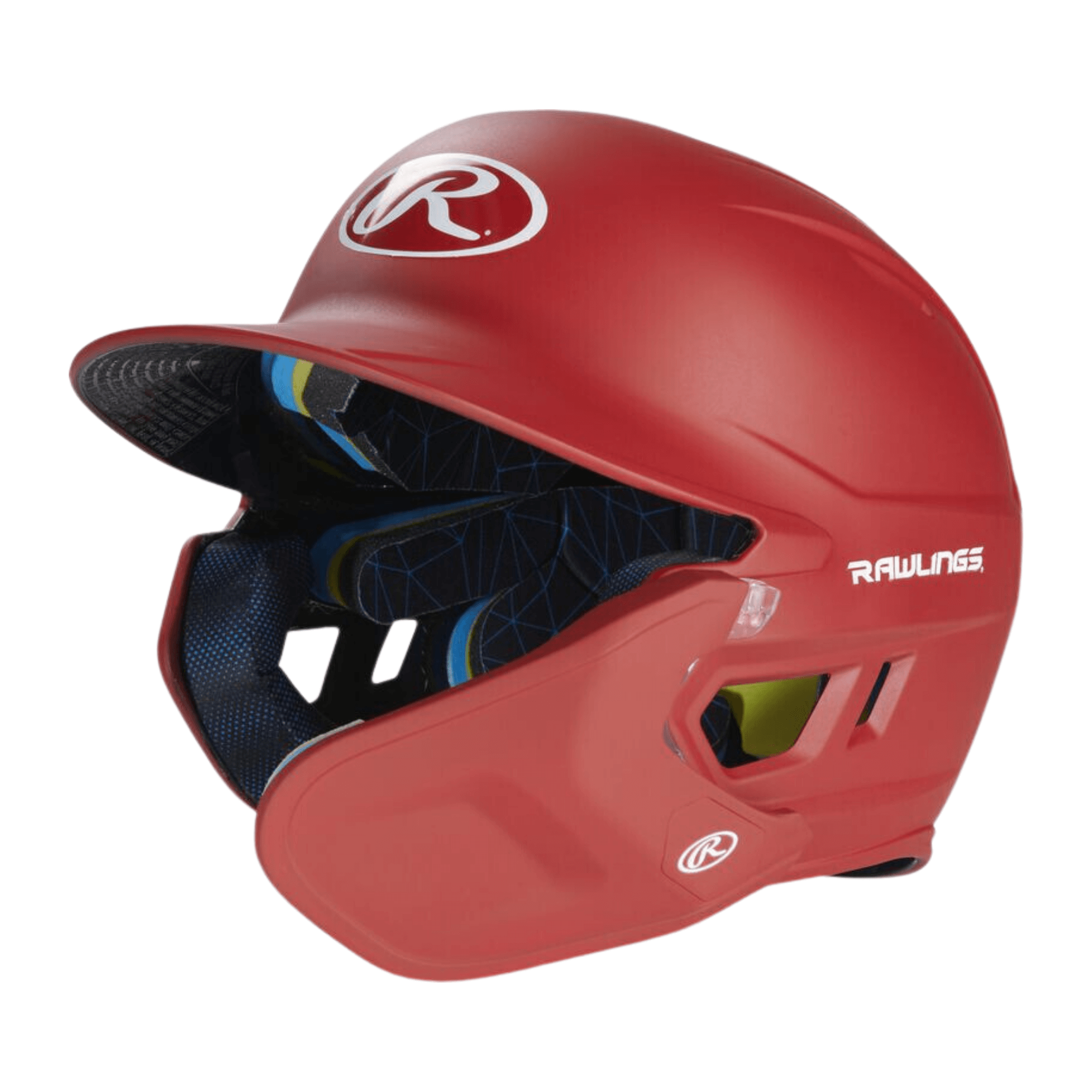 Rawlings Mach Adjust right handed batting helmet in red, designed for optimal coverage and performance for baseball players.