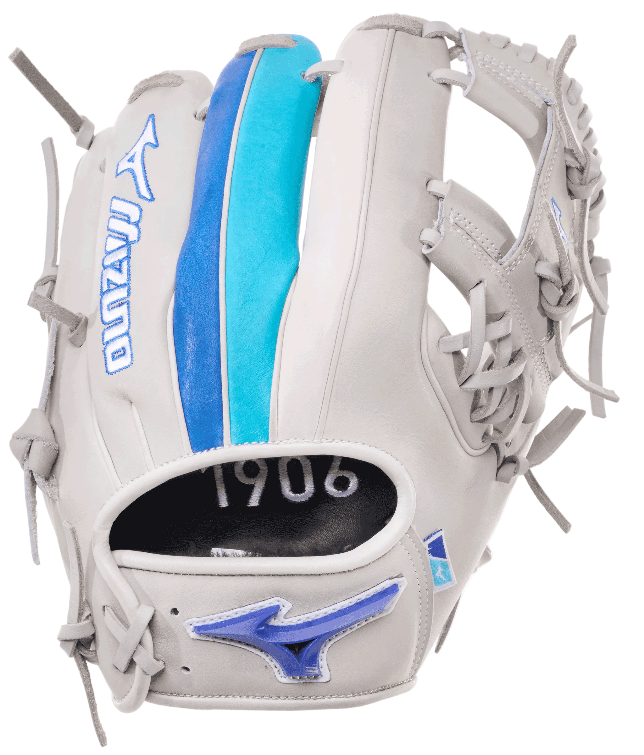 Mizuno 120th Anniversary Pro Select 11.5" Baseball Glove, backhand view, grey with blue accents, featuring I-web and lace details.
