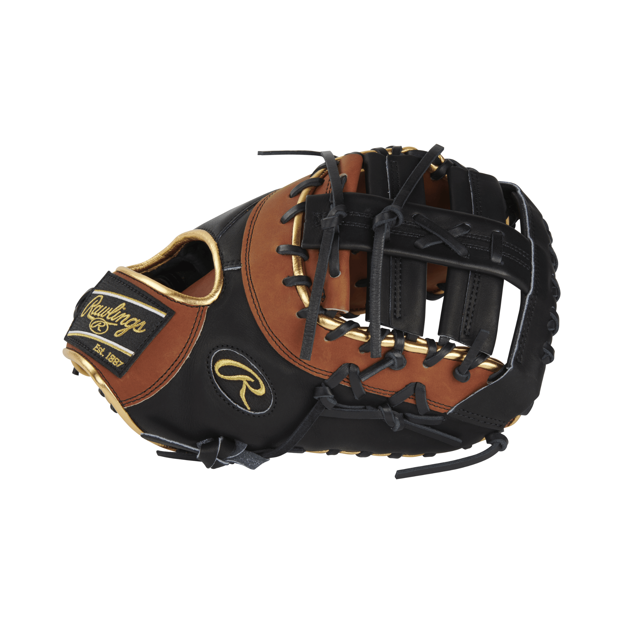Rawlings Heart Of The Hide Color Sync 8.0 13" black and brown first base mitt with gold accents and premium leather.