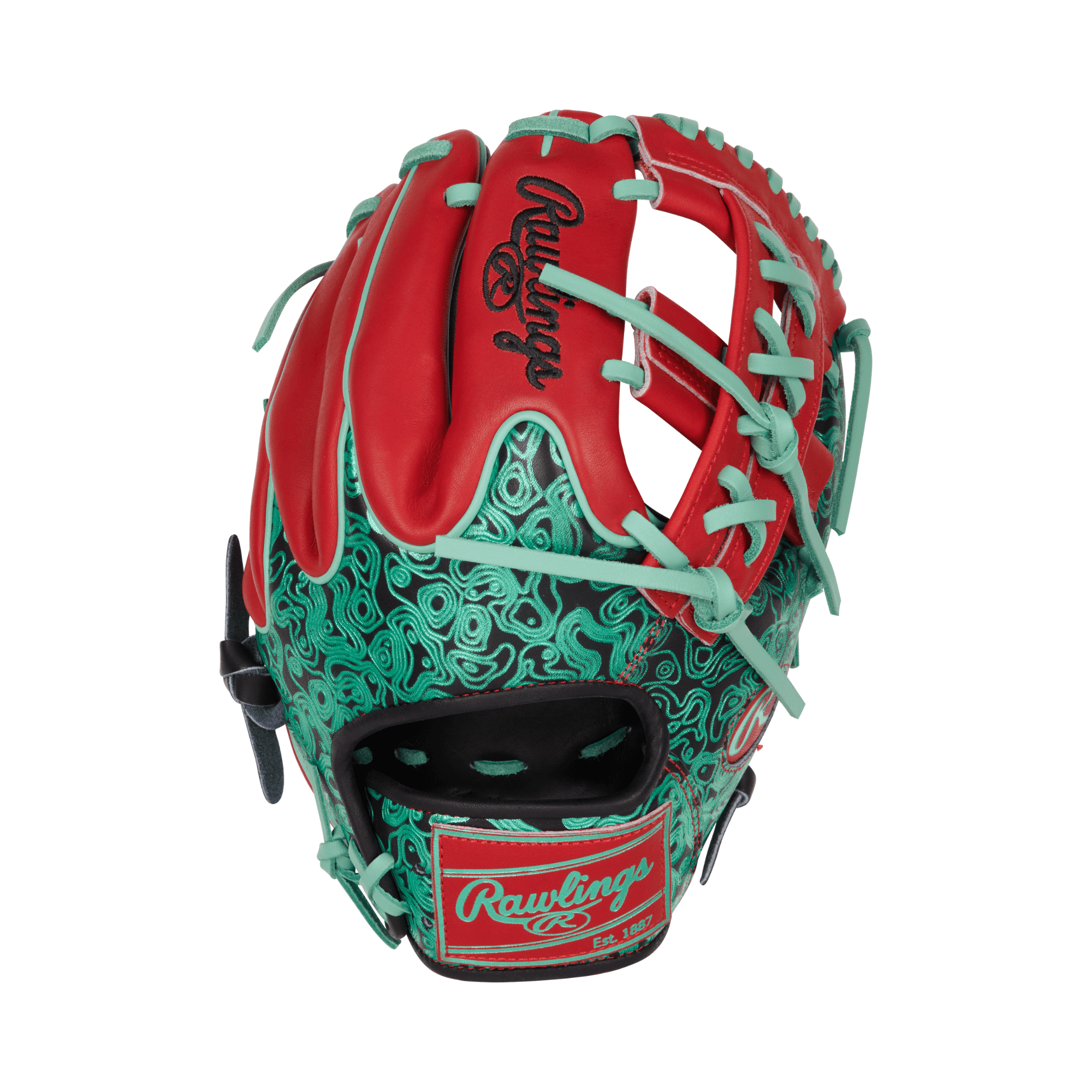 Back view of the Rawlings Colorsync glove with unique wing back pattern and distinct mint geoprint design.