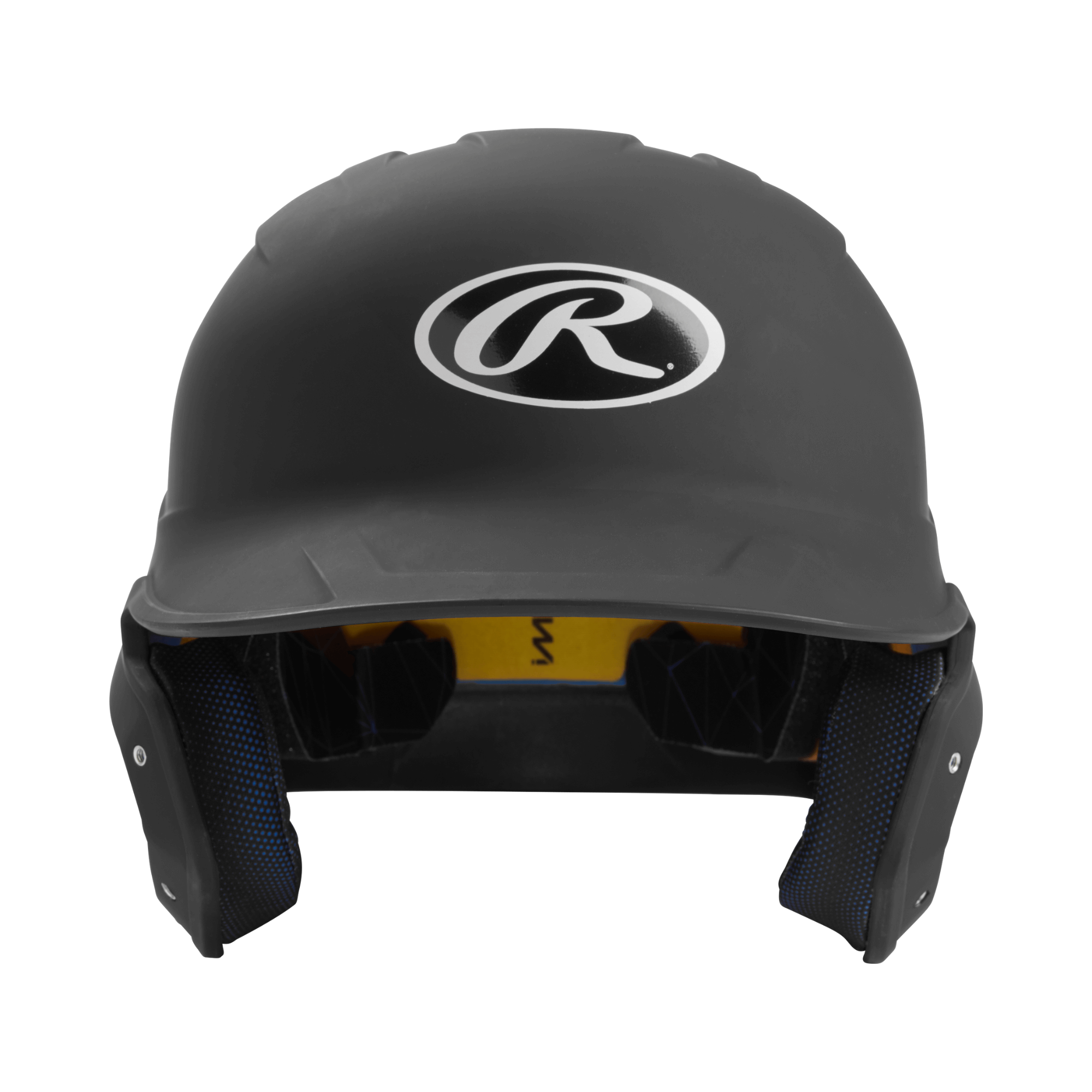 Rawlings MACH junior batting helmet in matte black showcasing the logo and interior padding for comfort and protection.