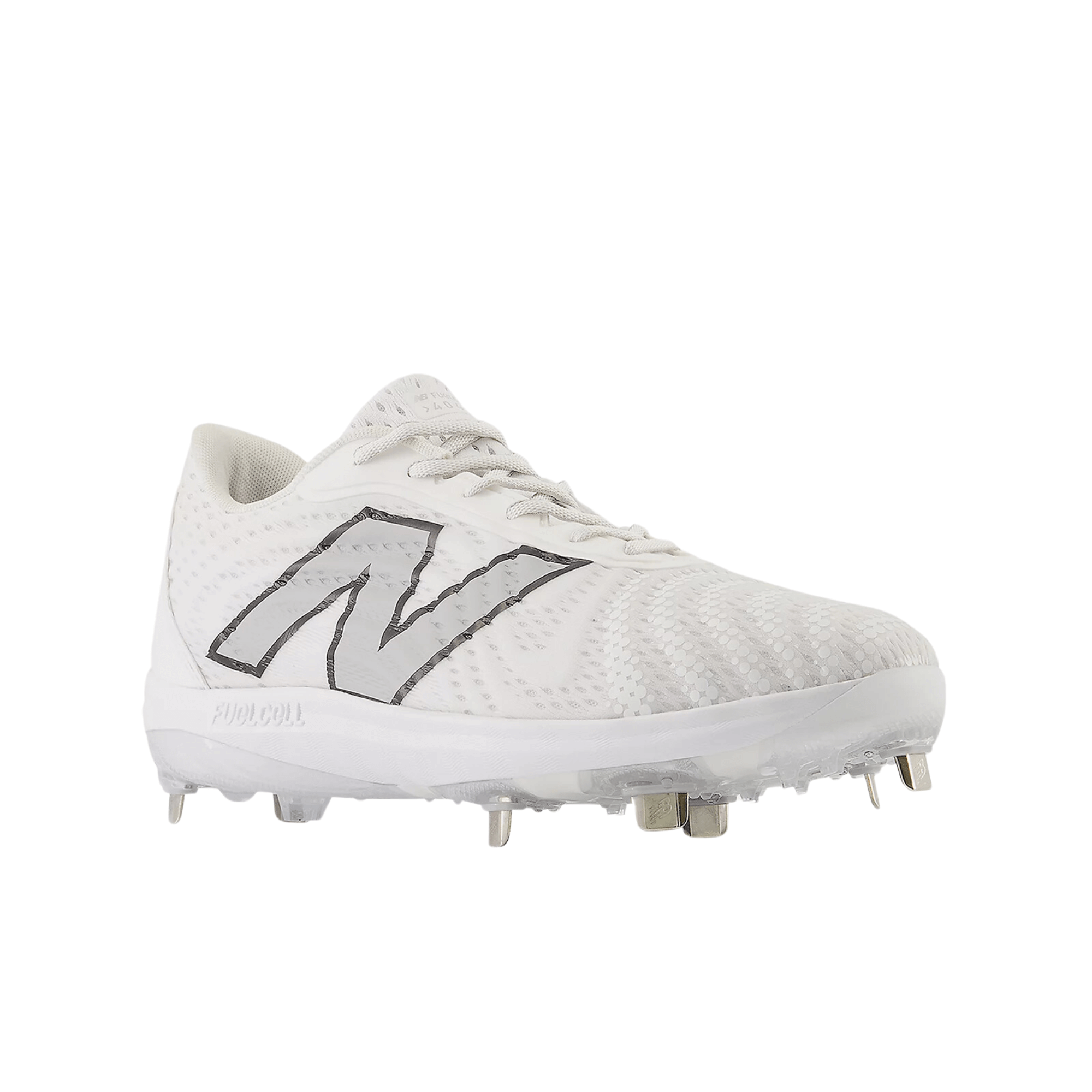 New Balance FuelCell 4040 v7 Metal cleats in optic white, designed for superior traction and comfort on the field.