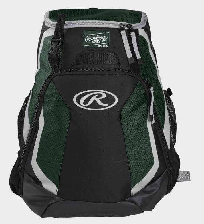 Front view of Rawlings Players Backpack with green and black design, visible zippers and Rawlings logo.