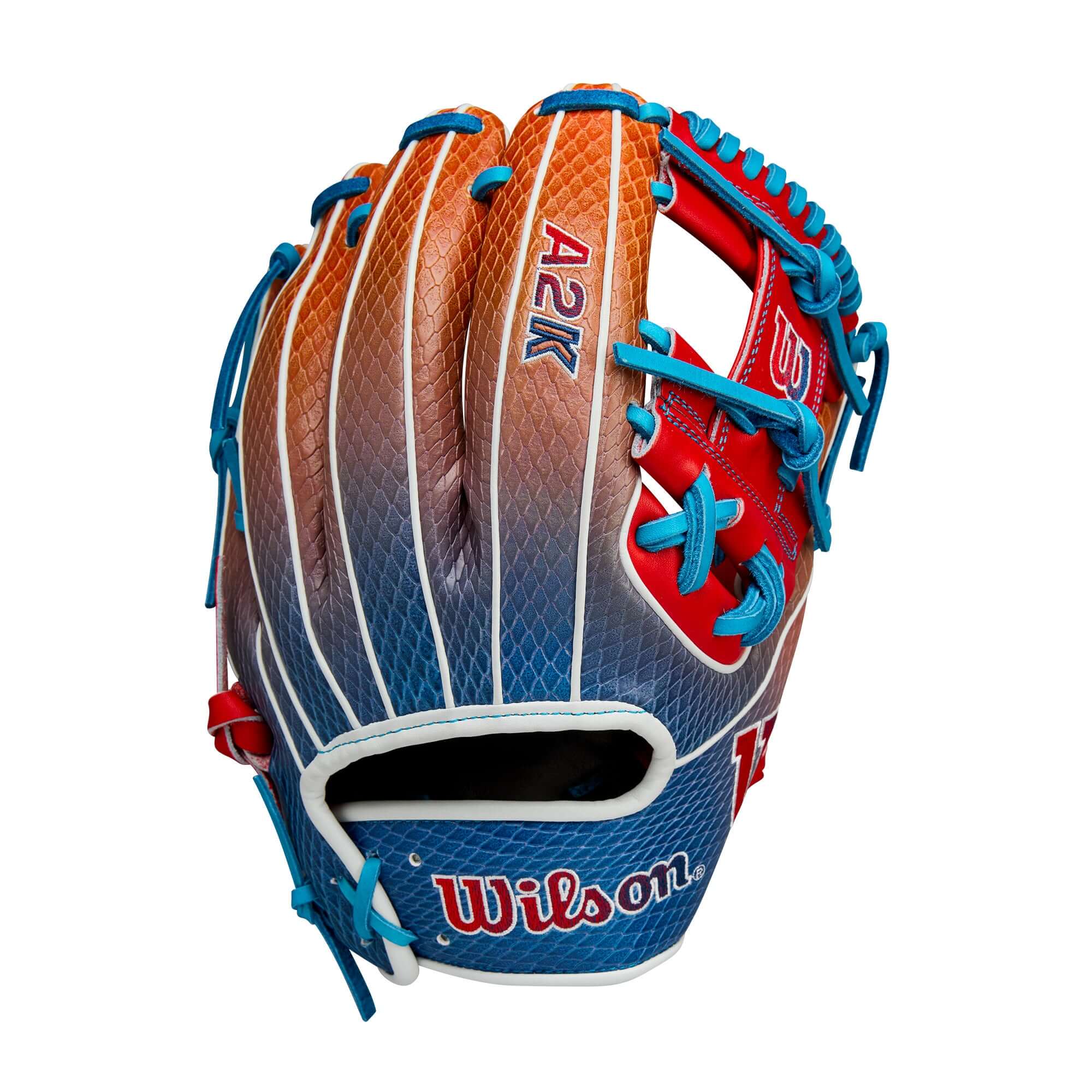 Wilson Summer 2025 A2K 1786SS infield baseball glove in navy and red gradient, 11.5" for fast play.