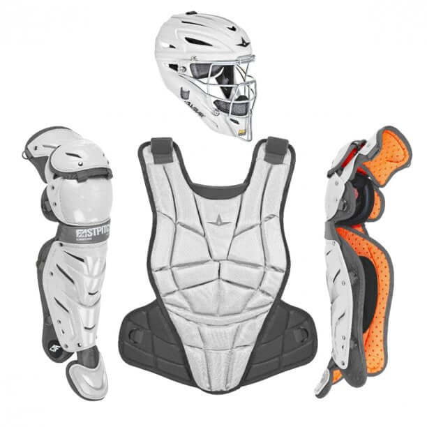 All-Star AFx Fastpitch Catching Kit / Medium; front view showing white helmet, chest protector, leg guards.