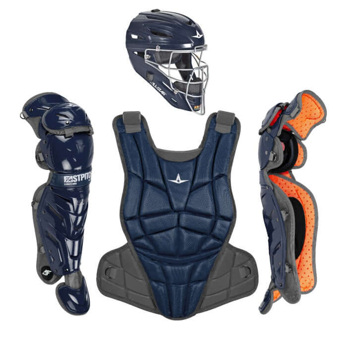All-Star AFx Fastpitch Catching Kit / Medium in navy, showing helmet with I-BAR VISION cage, chest protector, and leg guards, front view.