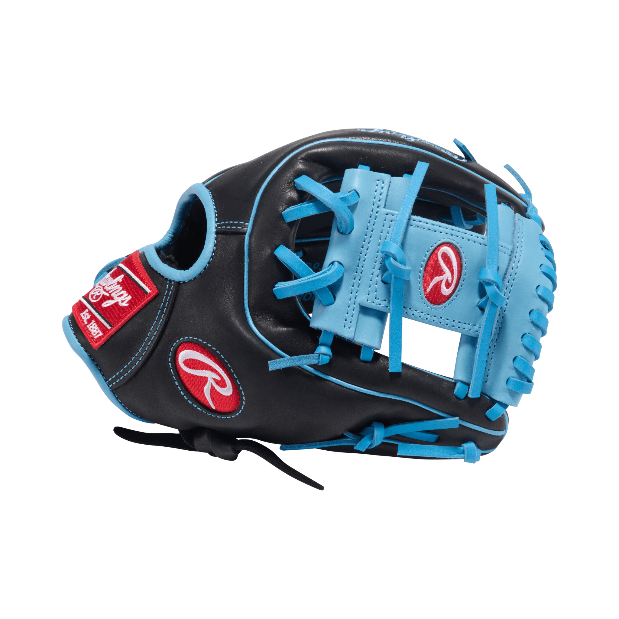 Rawlings R9 11.5-inch baseball glove in black and Columbia Blue, perfect for infield players.