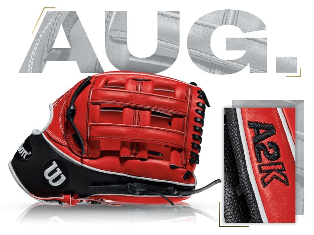 Wilson A2K 1799 glove featuring Mookie Betts design, red and black color scheme, and "AUG." lettering.