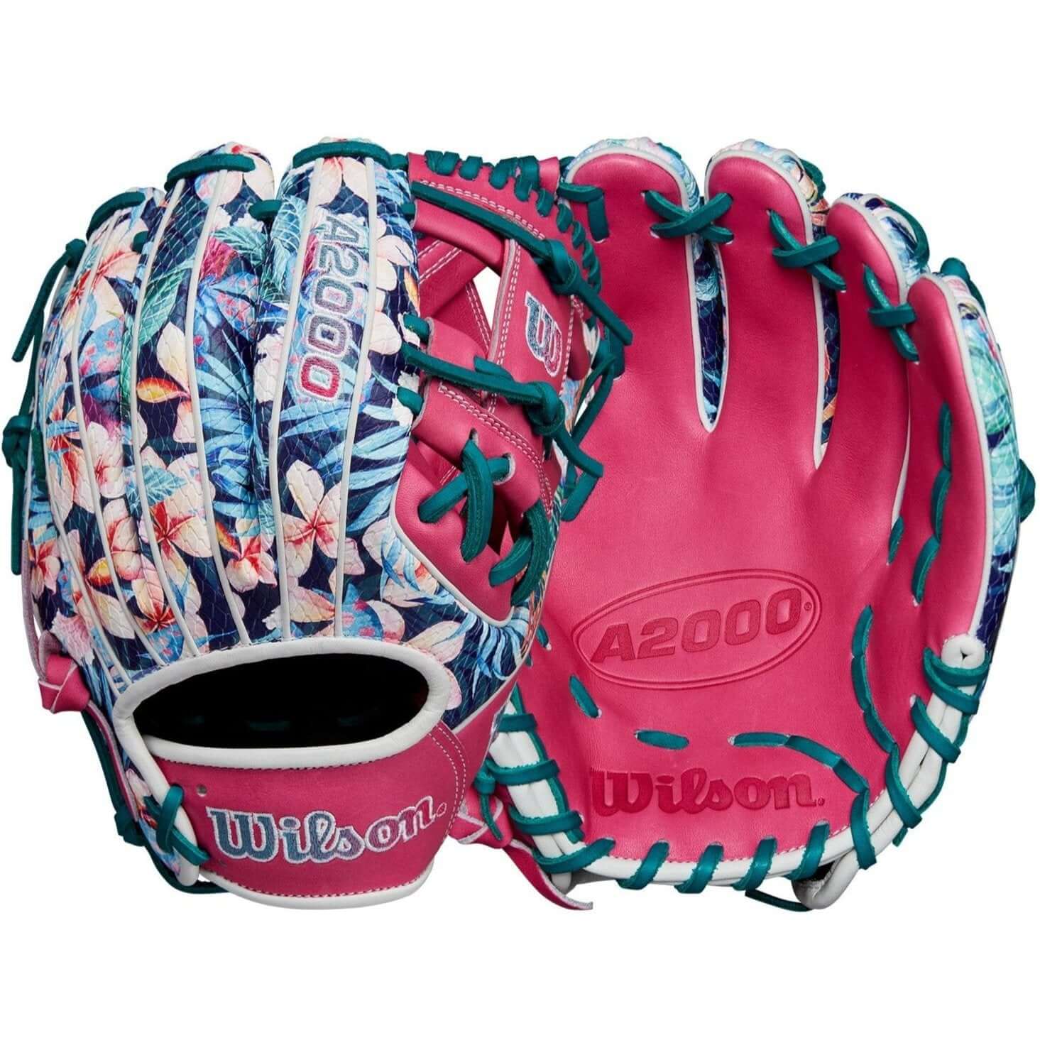 Wilson A2000 1786 Floral glove in Flamingo Pink, featuring lightweight SuperSnakeSkin for infield performance.