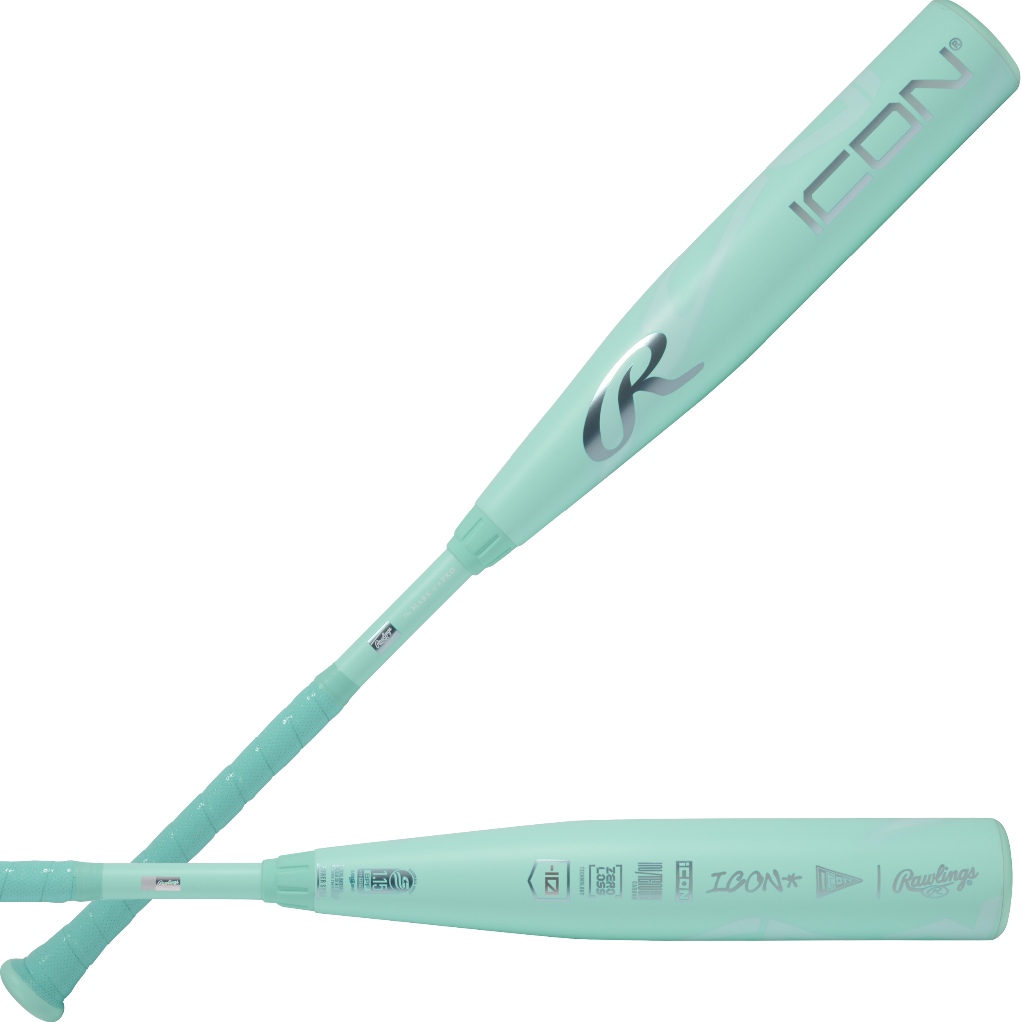 2026 Rawlings Icon -10 USSSA Baseball Bat shown in front and back views featuring cool mint graphics and 2-piece composite design